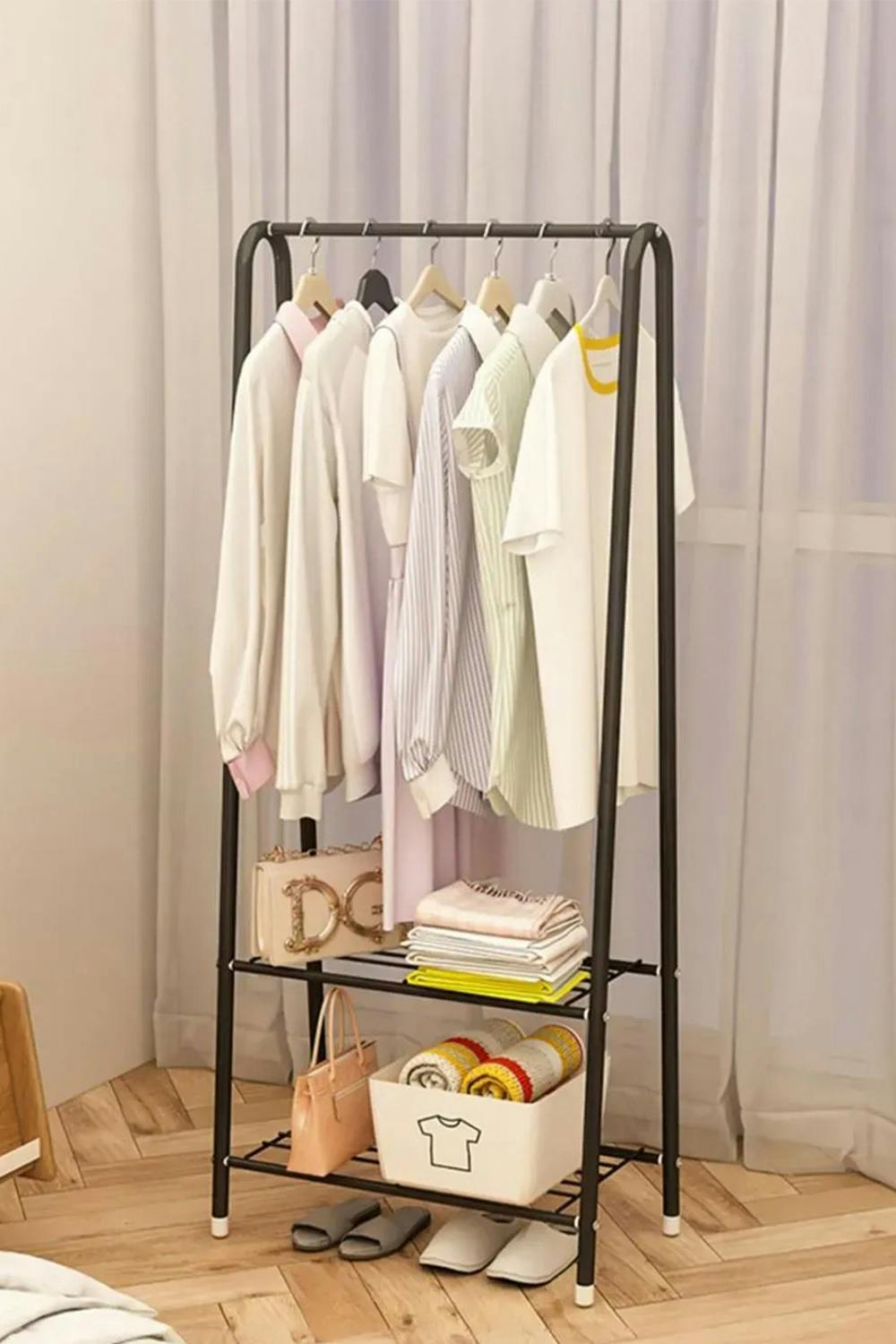 Rackhams Black/White Freestanding Metal Clothing Rack Garment Holder With 2-Tier Wire Shelf
