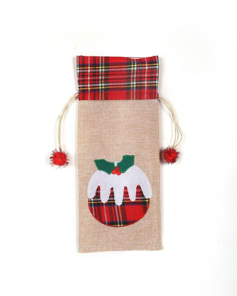 Rackhams 4 Pack Christmas Wine Bottle Cover Bags With Drawstring, Festive Printed Novelty Table Decorations