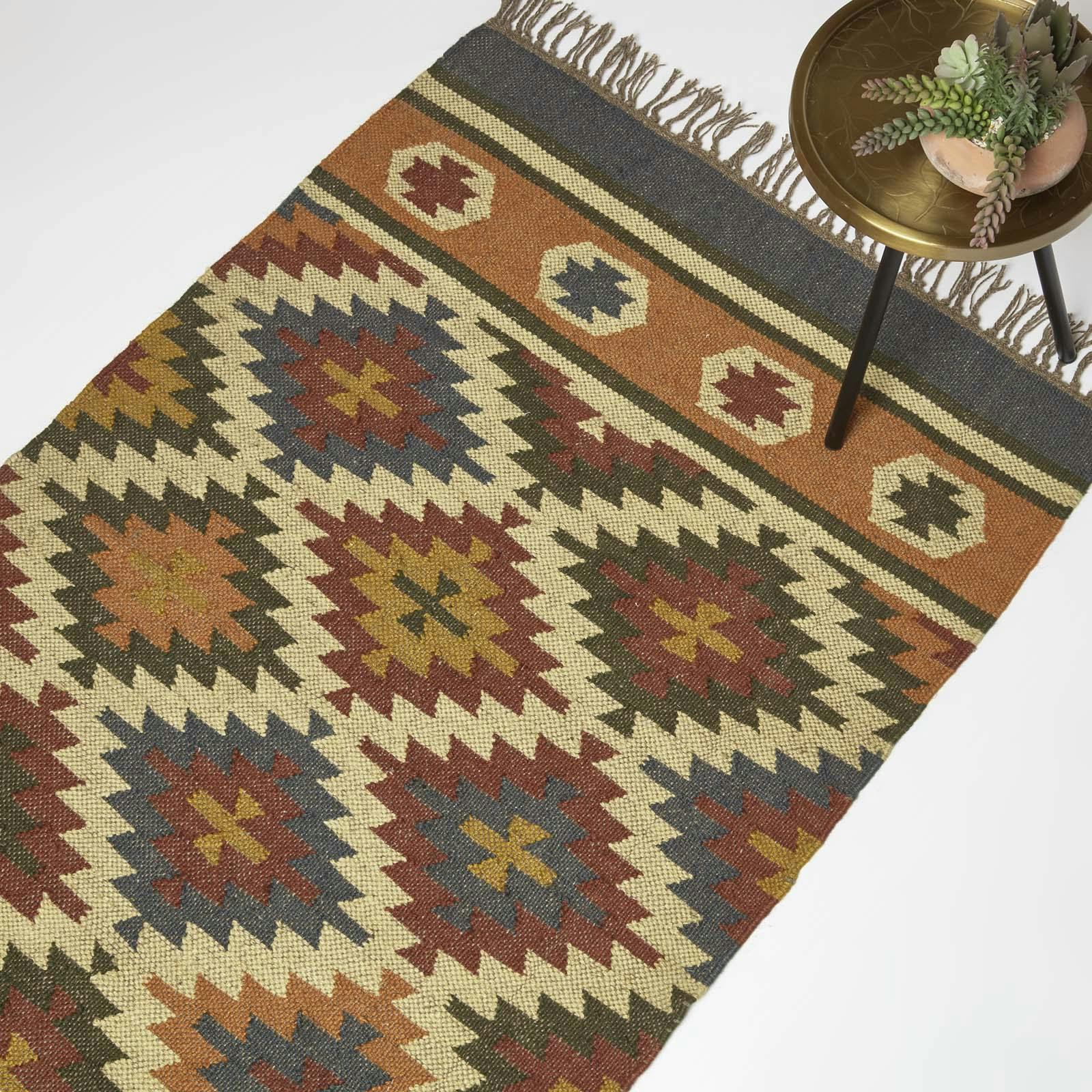 Homescapes Orange/Blue Lucea & Kilim Wool Rug - 240 X 300 Cm