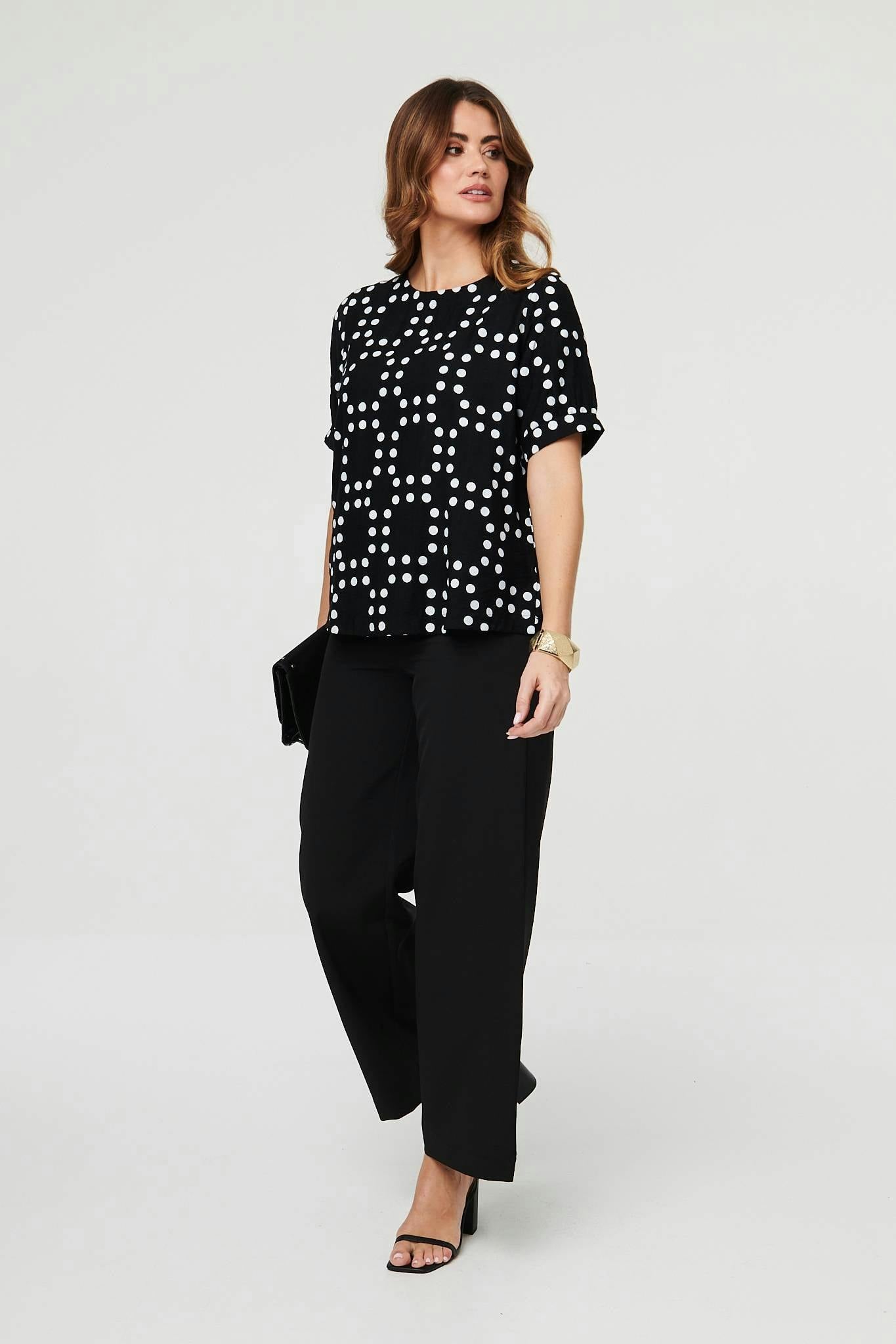 Izabel London Black Polka Dot Print Short Sleeve Blouse - 10