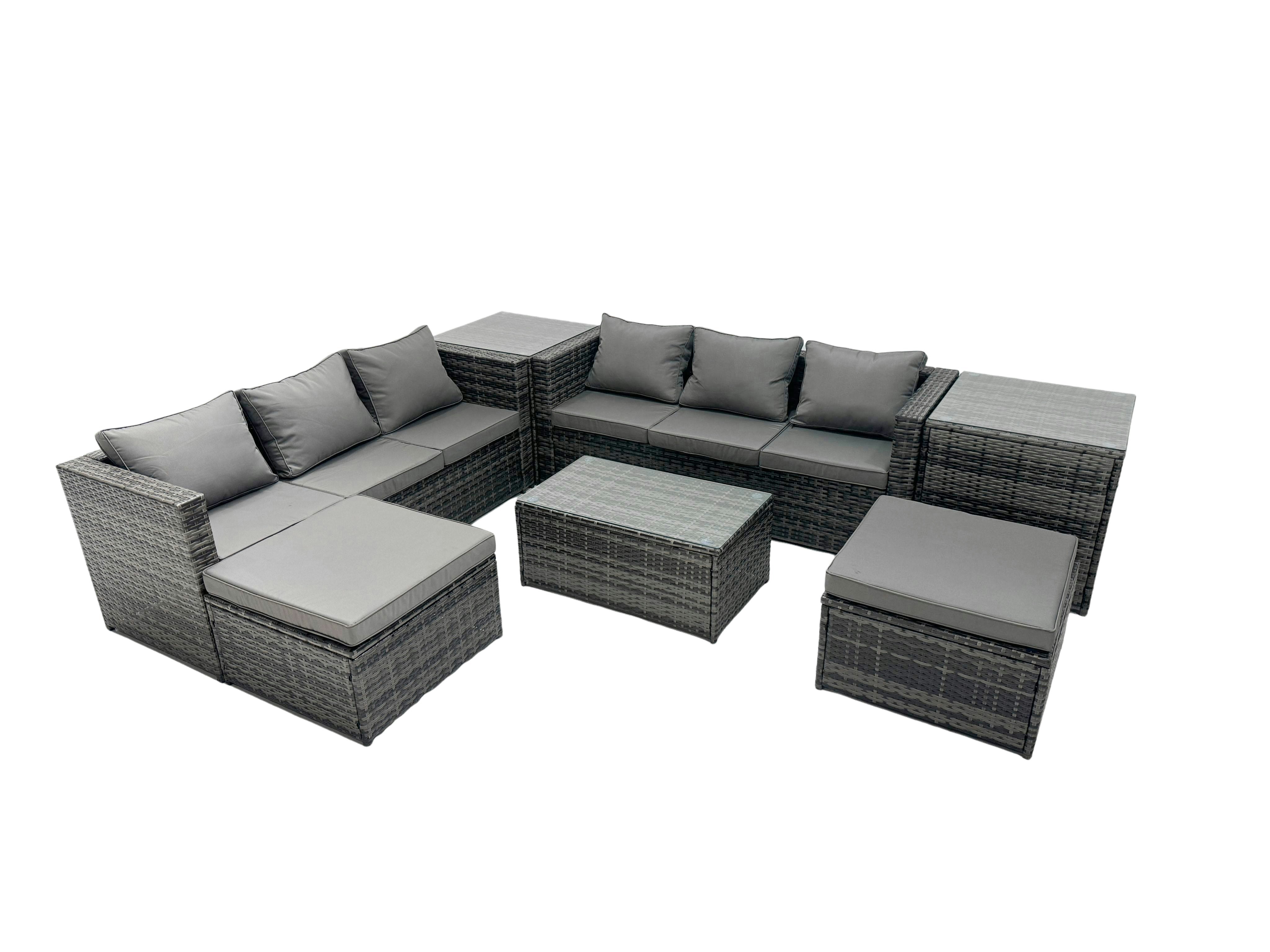 Rackhams Dark/Grey Rattan Garden Furniture Dining Set 8 Seater Patio Coffee Table Sofa Set With 2 Side Tables 2 Big Footstools Mixed