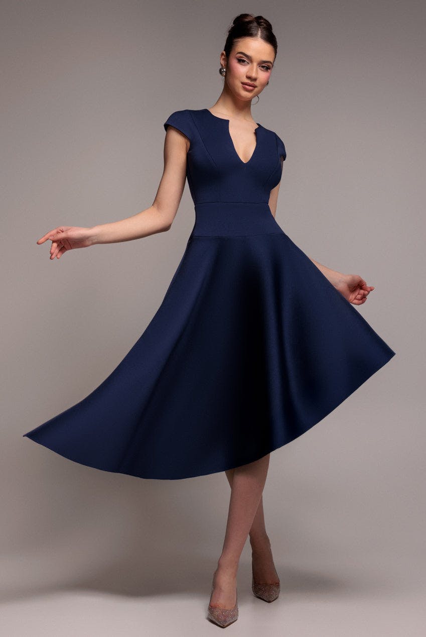 Goddiva Blue Cap Sleeve Skater High Low Midi Dress - Navy By - Navy - 16