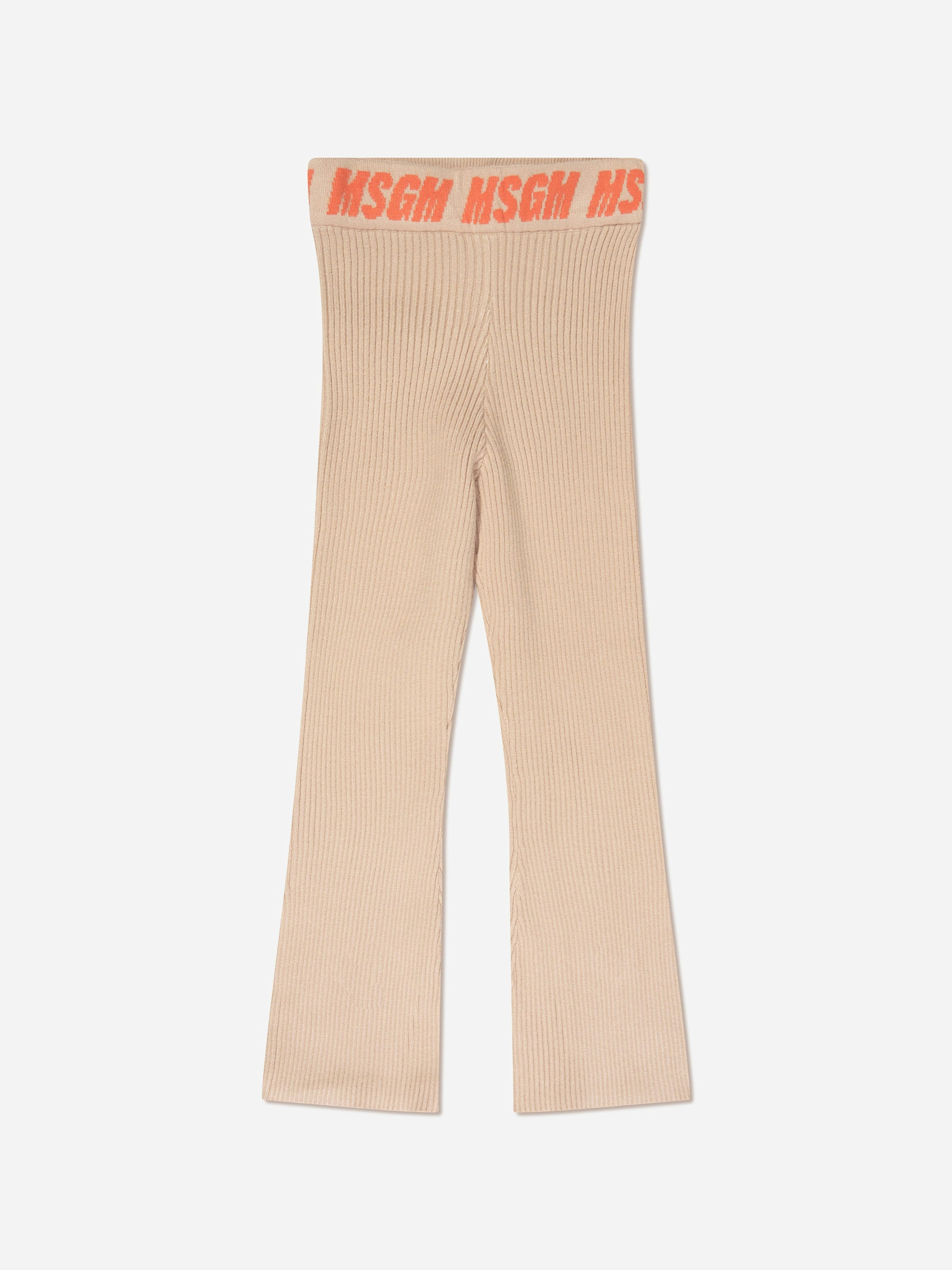 Msgm Girls Beige Rib Knitted Flared Pants In - 4 Yrs