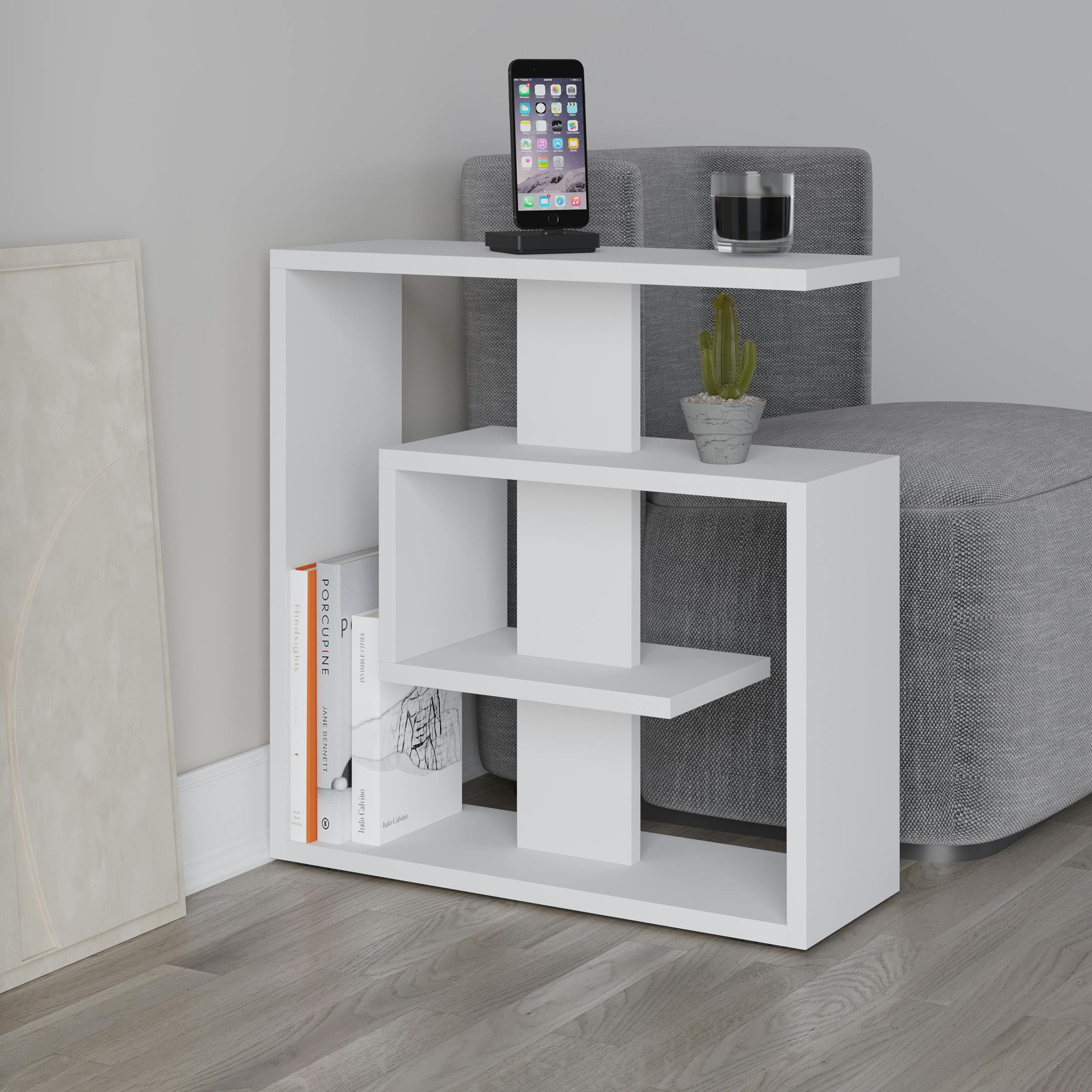 Decortie White Saly Modern 3-Tier Compact Side Table With Storage Shelves 57Cm