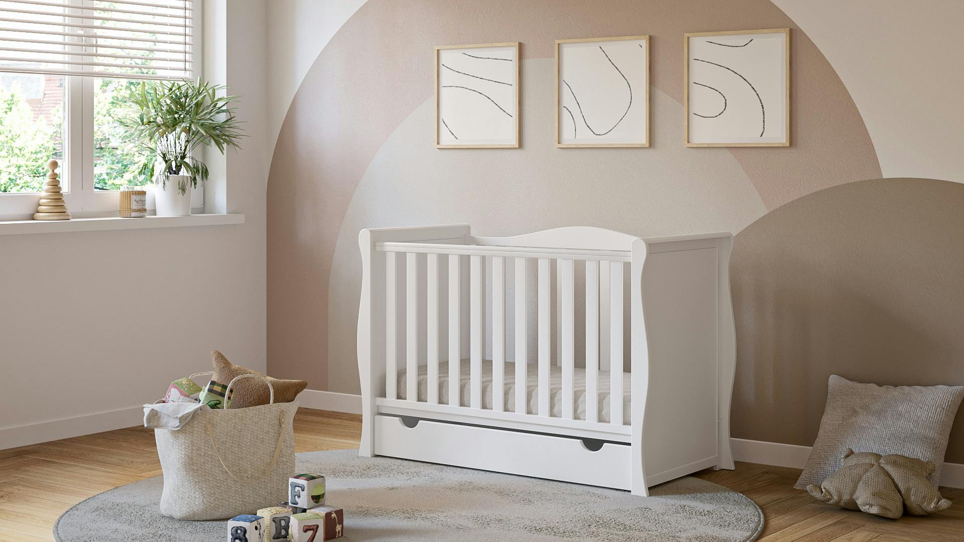 Viculii White Willow Sleigh Mini Cot Bed With Drawer And Pocket Sprung Hypoallergenic Mattress