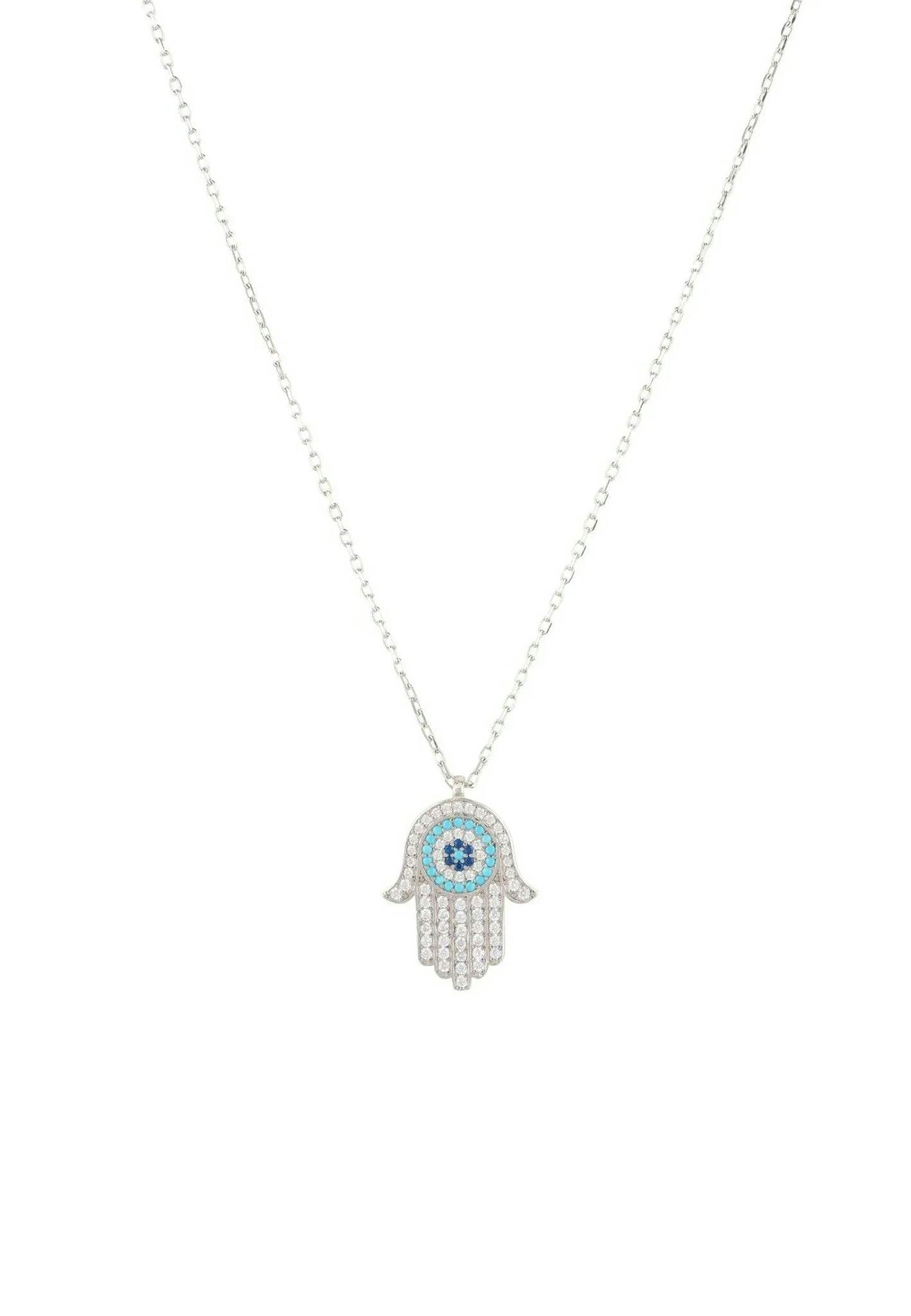 Latelita Turquoise/Silver Hamsa Hand With Evil Eye Pendant Necklace