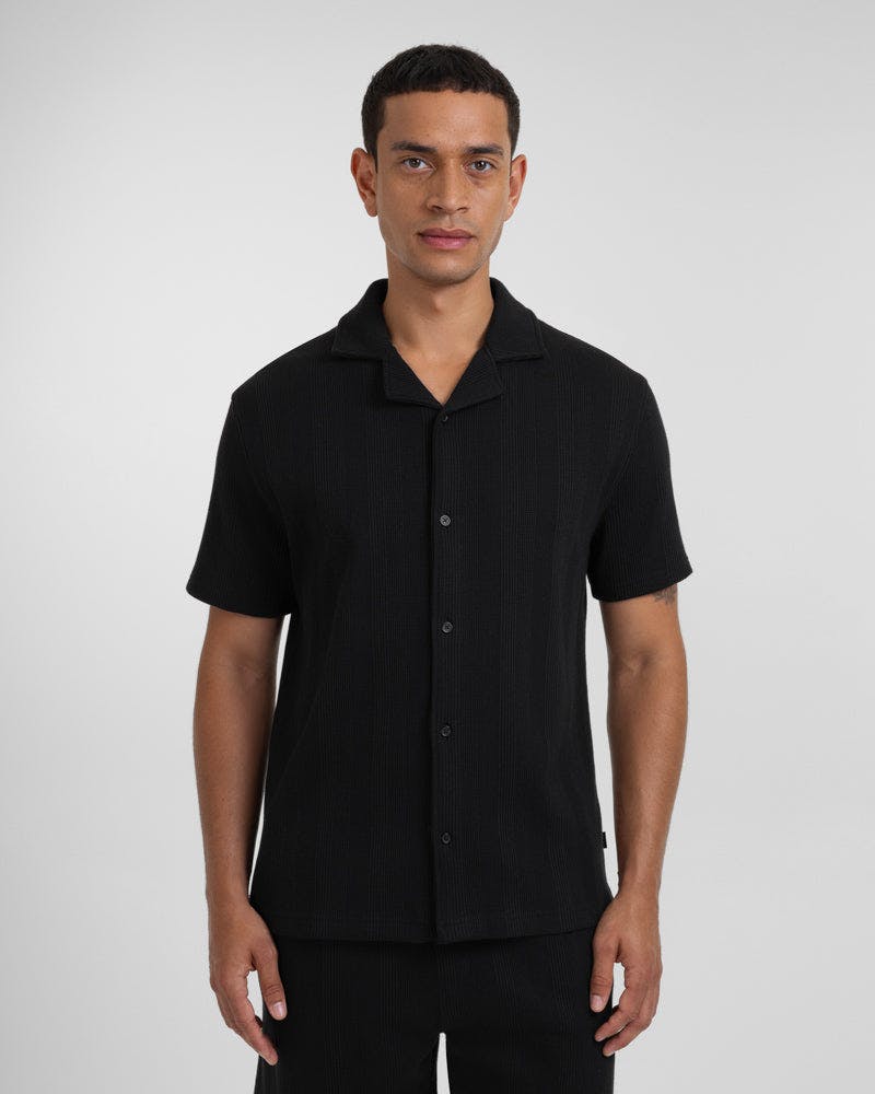 Steel & Jelly Black Charlton - Stripe Jacquard Waffle Short Sleeve Shirt - Xl