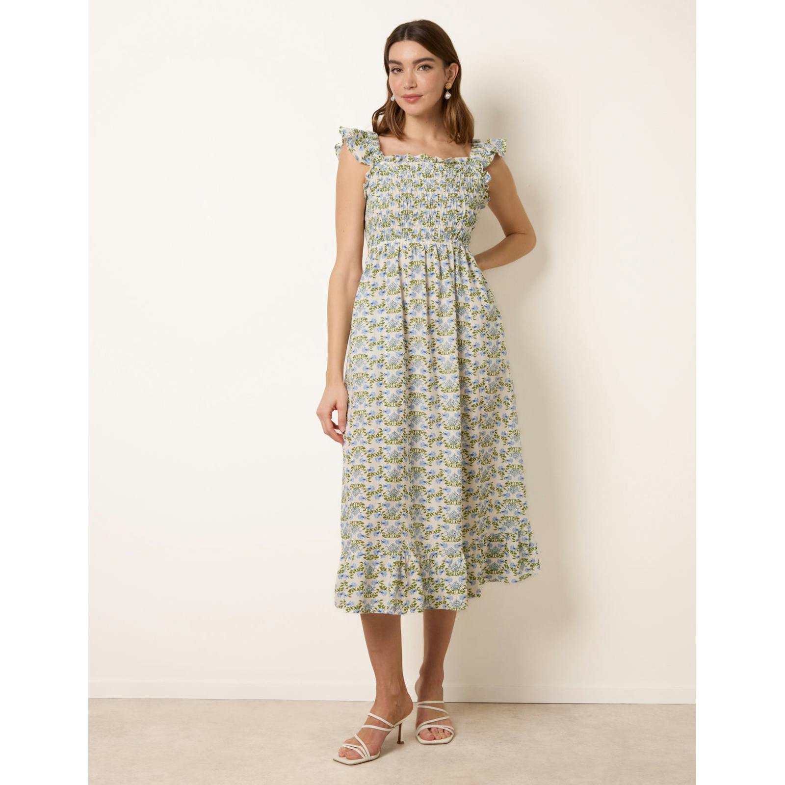 Blue Vanilla Floral & Frill Shirred Bodice Midi Dress - Xl