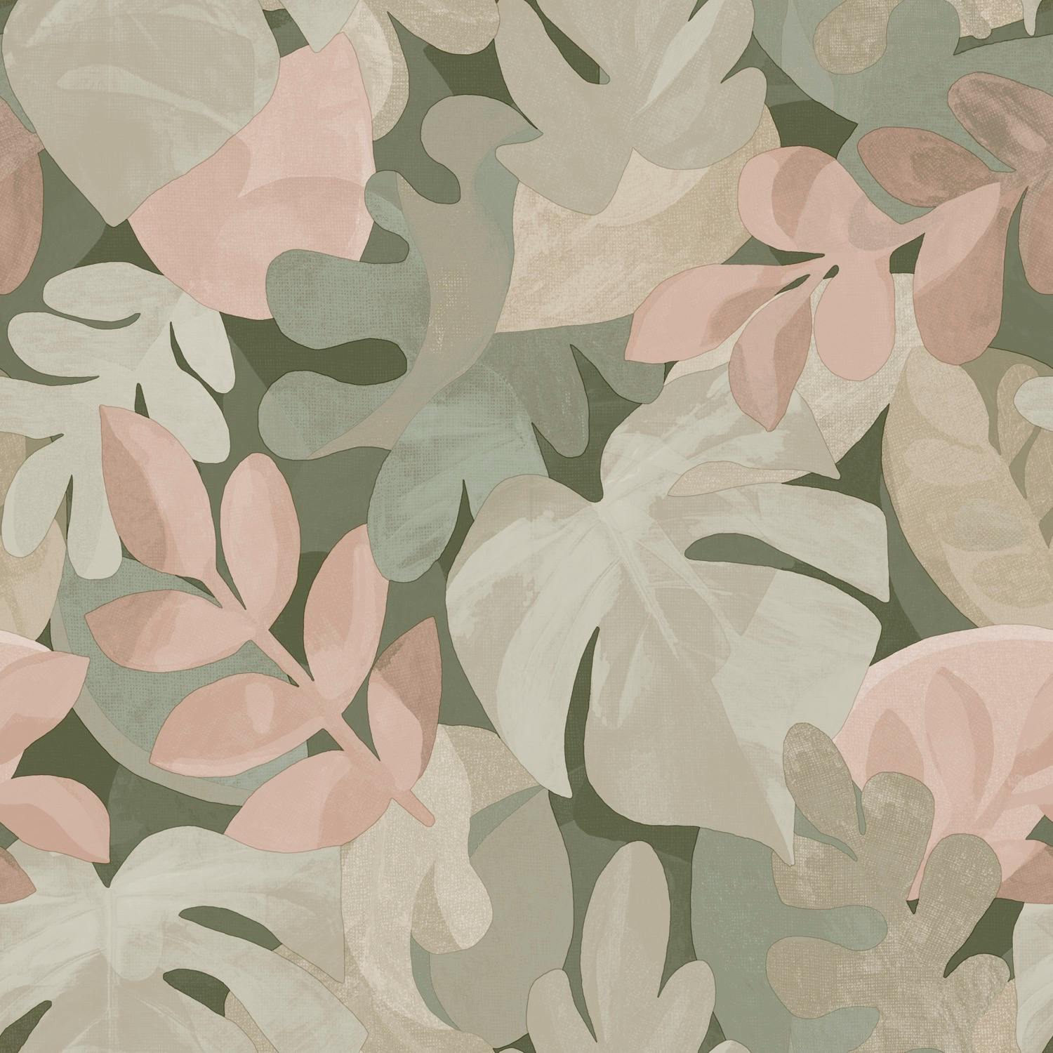 Grandeco Pink/Green/Grey Boutique Retro Leaf Pvc-Free Eco Wallpaper,