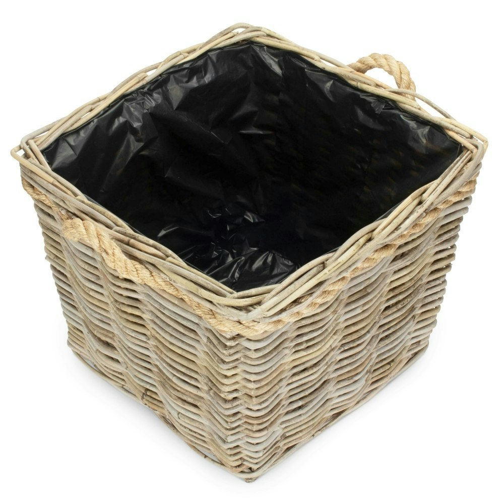 Red Hamper Square Tape Rope Handled Rattan Planter With Plastic Lining - Medium