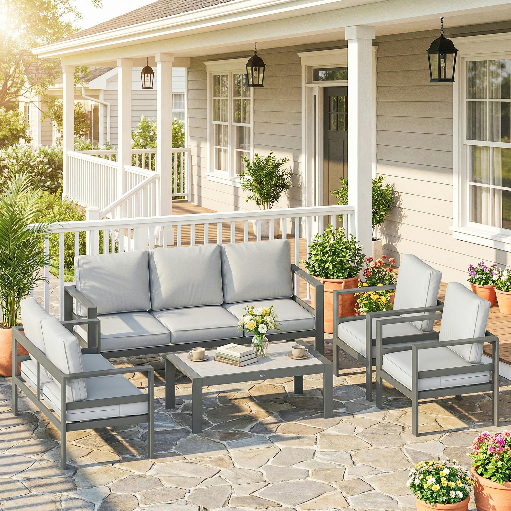 Outsunny Dark/Grey Aluminium Garden Furniture Sofa Set With Olefin Cushions