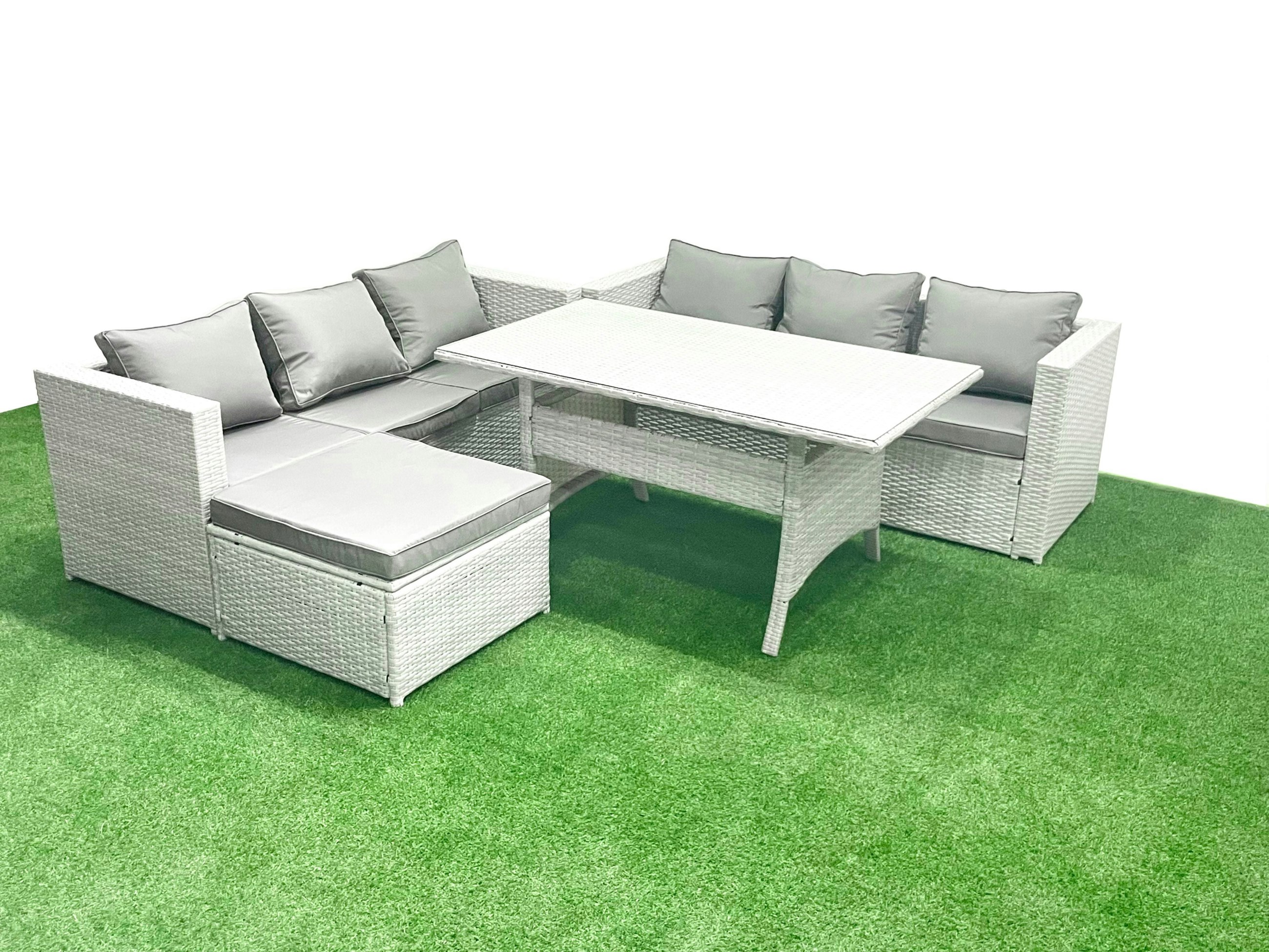 Fimous Light/Grey Rattan Garden Furniture Set 7 Seater Outdoor Sofa Set With Dining Table Big Footstool Mixed