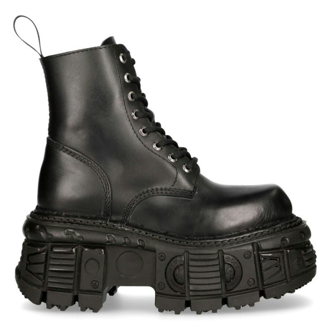 New Rock Unisex Black M-Mili084n-S5 100% Leather Platform Military Boots - Eu 43