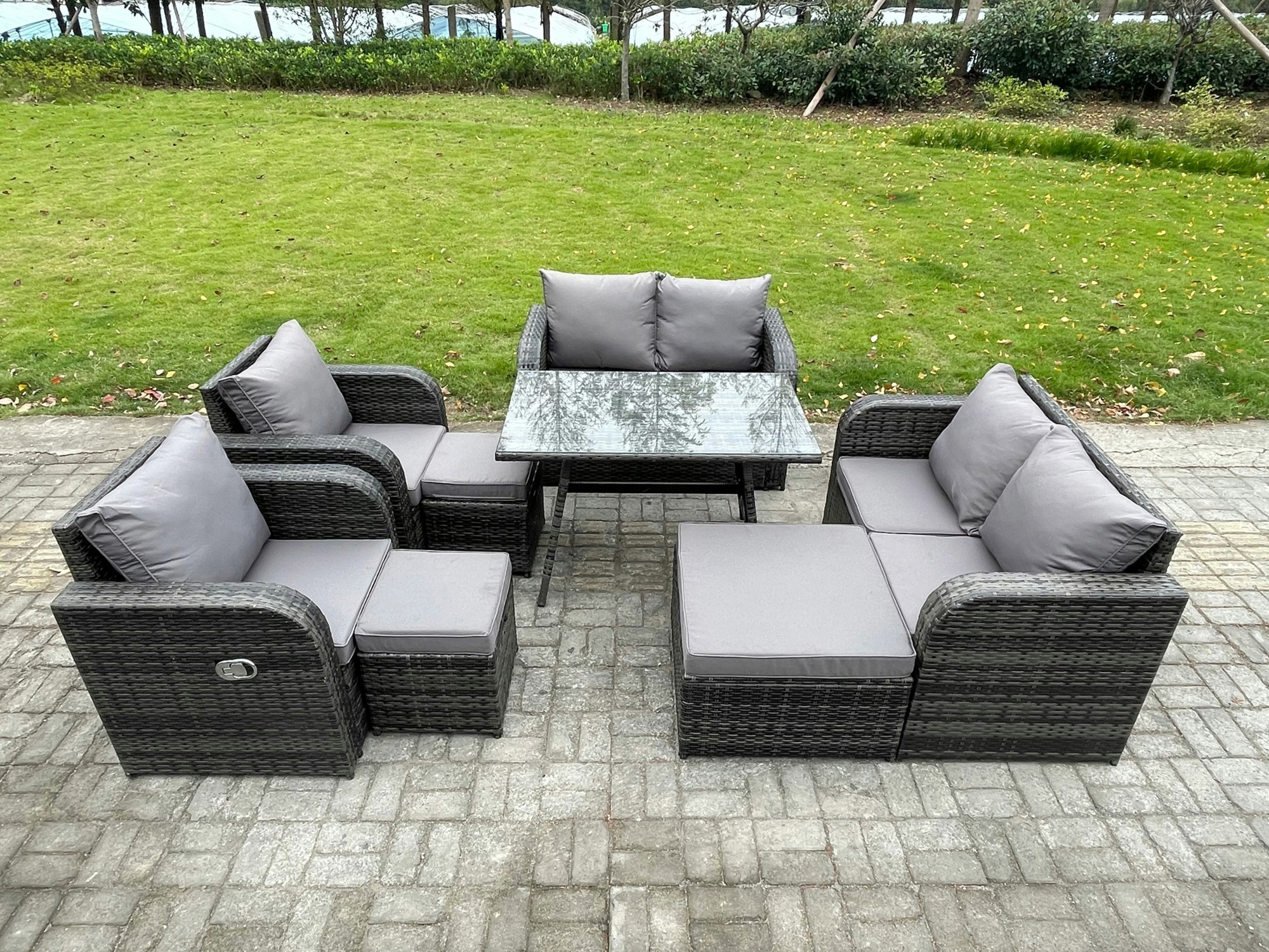 Fimous Dark/Grey Wicker Pe Rattan Garden Dining Set Outdoor Furniture Sofa With Rectangular Dining Table 3 Footstools Mixed