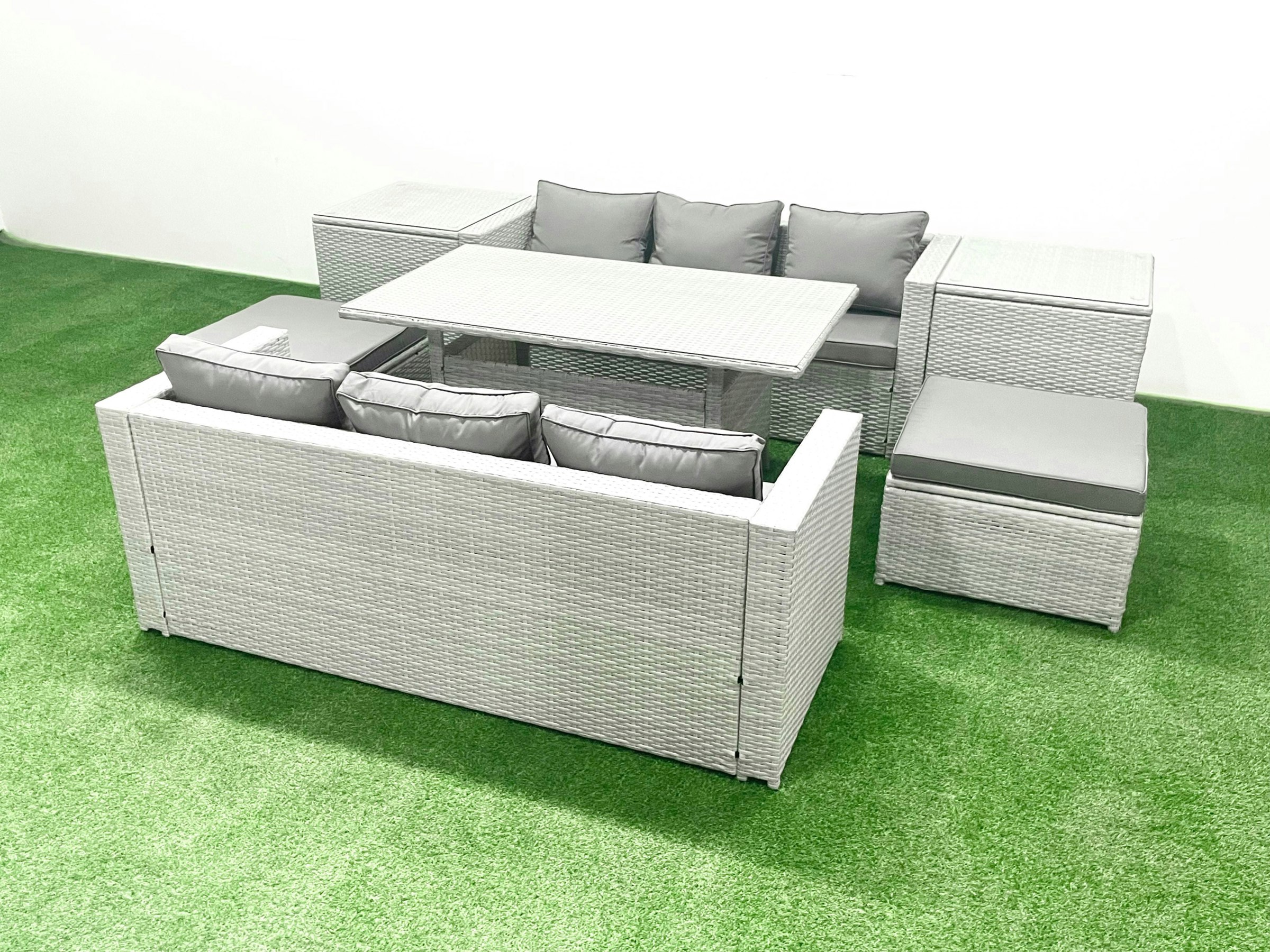Rackhams Light/Grey Rattan Garden Furniture Set 8 Seater Outdoor Sofa Set With Dining Table 2 Side Tables 2 Big Footstools Mixed