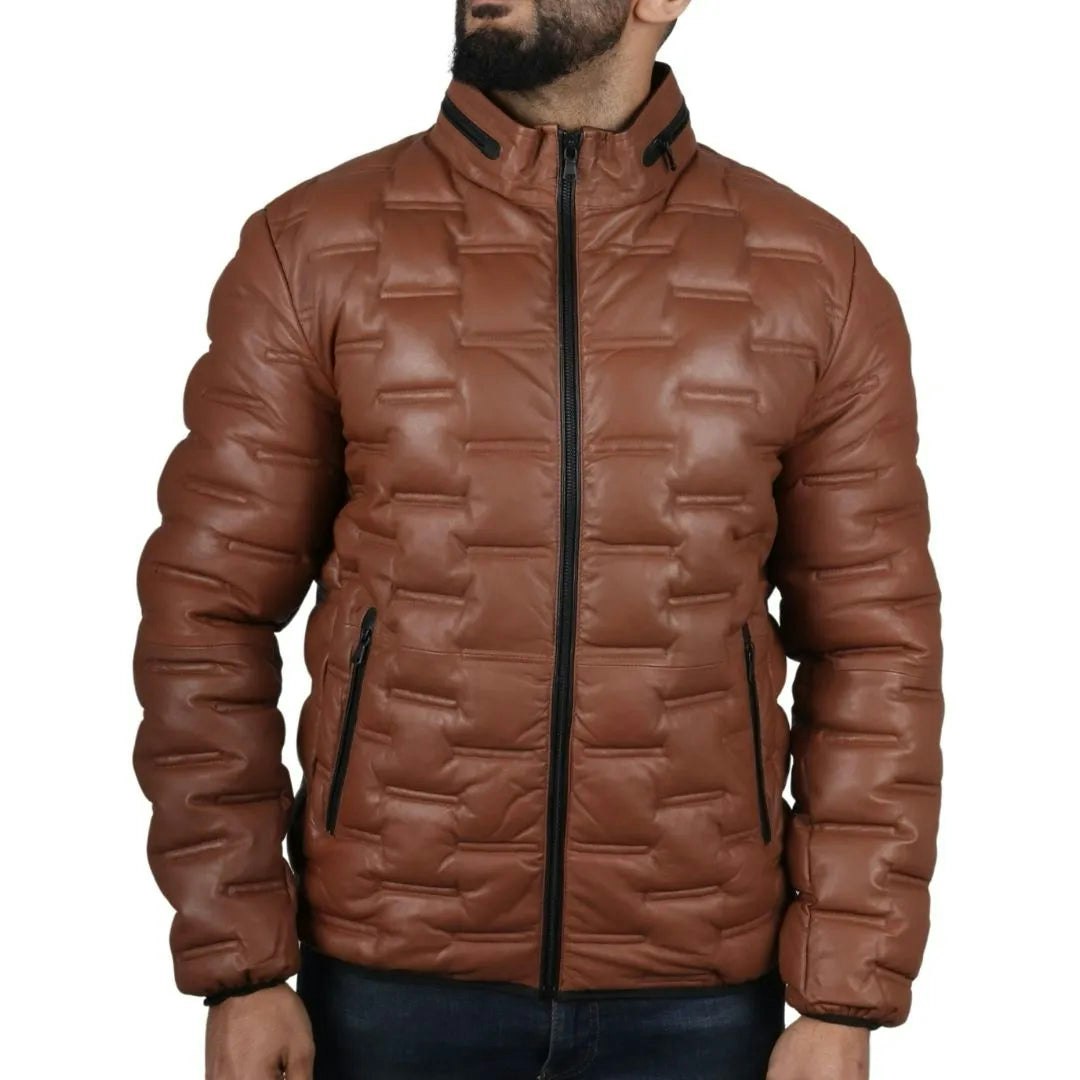 Infinity Leather Men's Puffer Quilted Real Leather Waist Length Jacket - Tan - 5XL