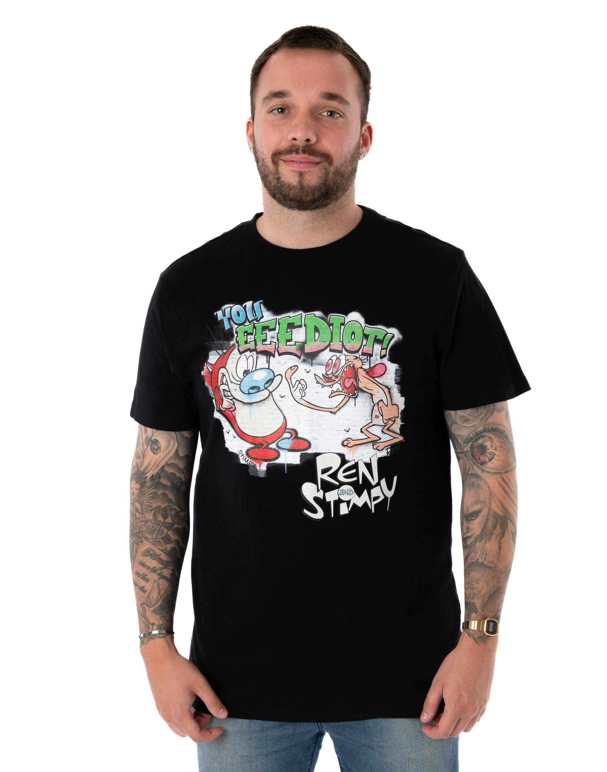 Vanilla Underground Unisex Black Ren & Stimpy Graffiti Short Sleeved T-Shirt - Large