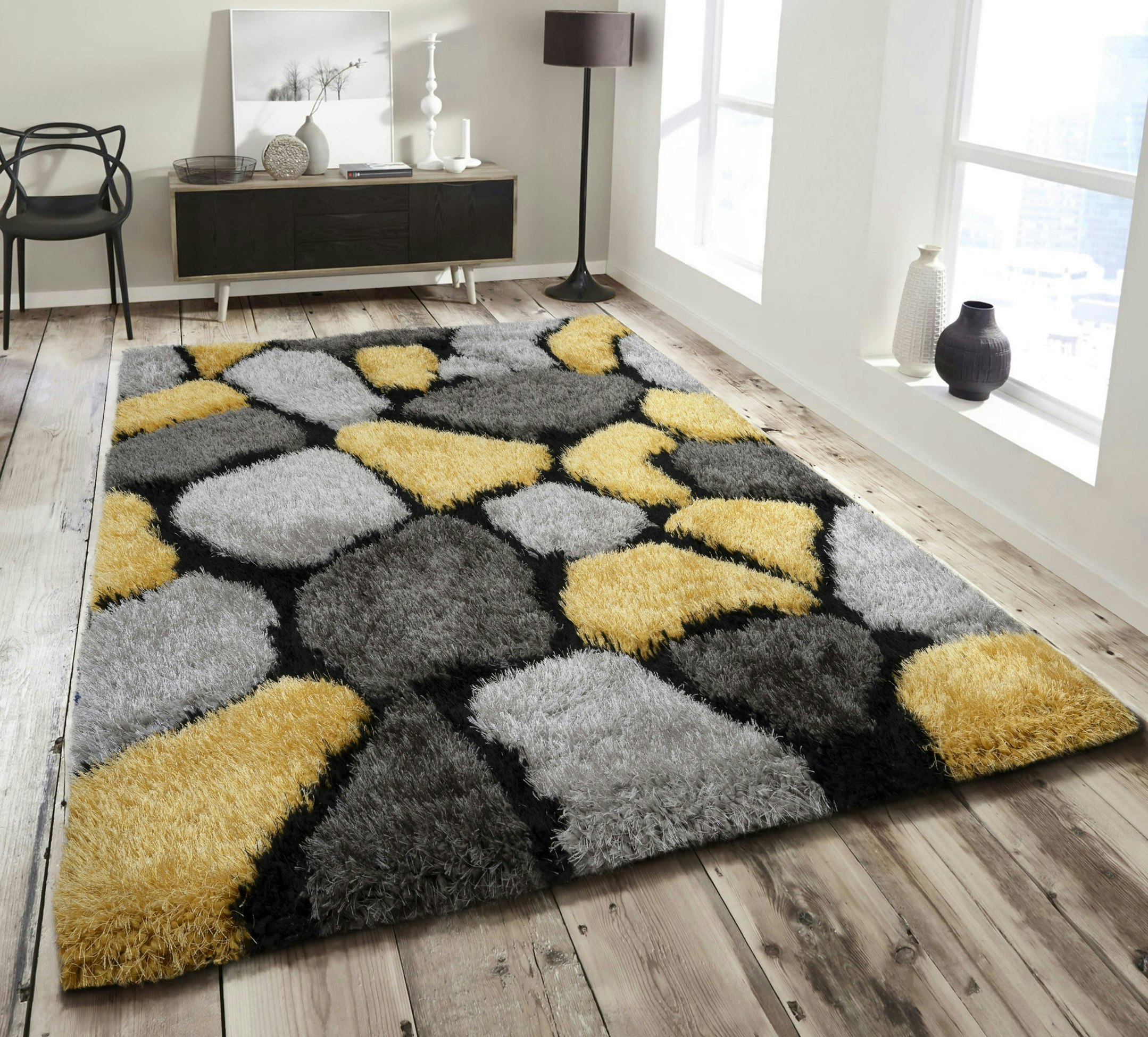 Rackhams Yellow Pebbles Shaggy Rug - 60 X 110