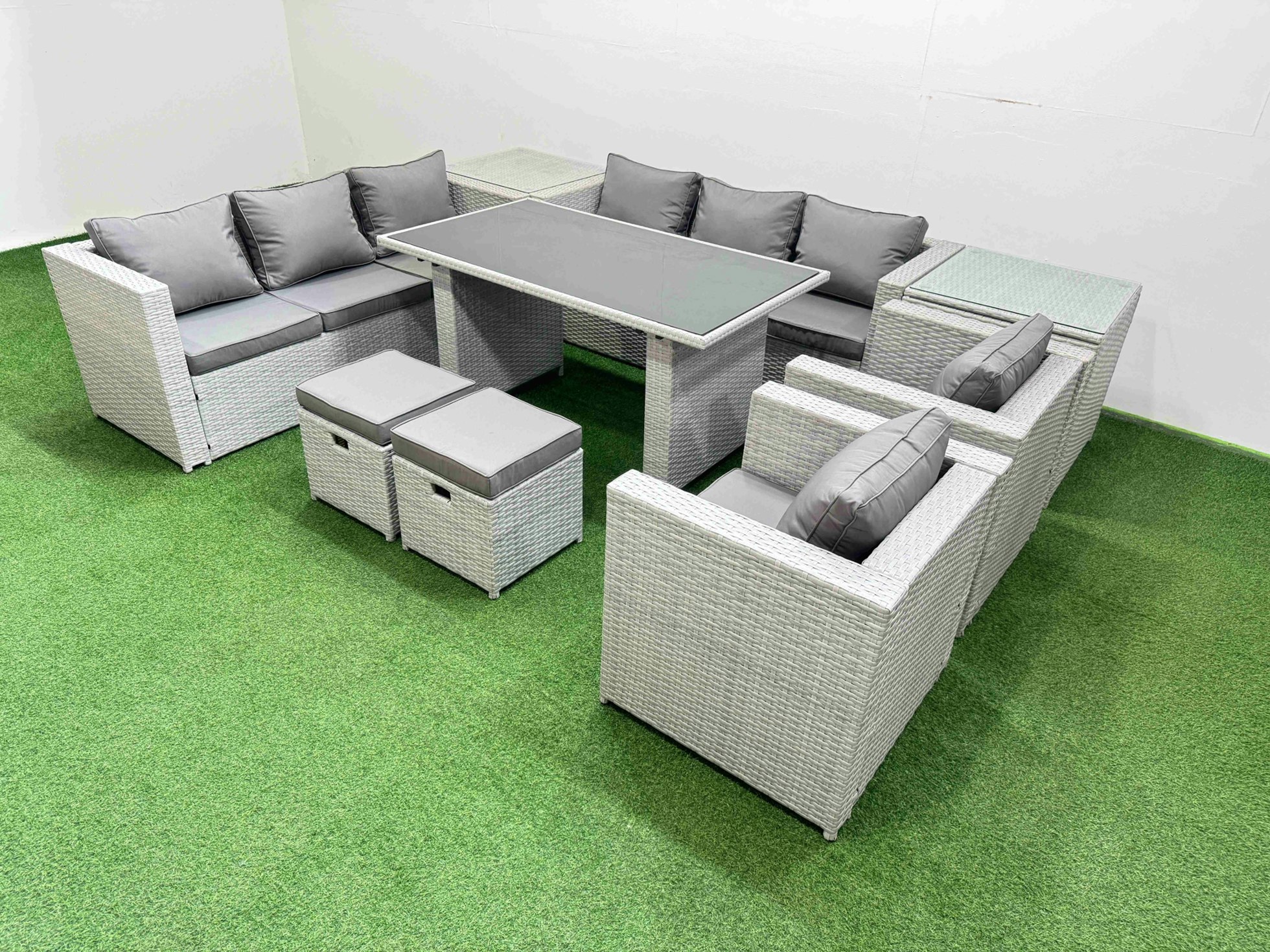 Rackhams Light/Grey 10 Seater Wicker Pe Rattan Furniture Outdoor Dining Table 3 Seater Sofa Armchair Set With 2 Side Tables 2 Small Stools