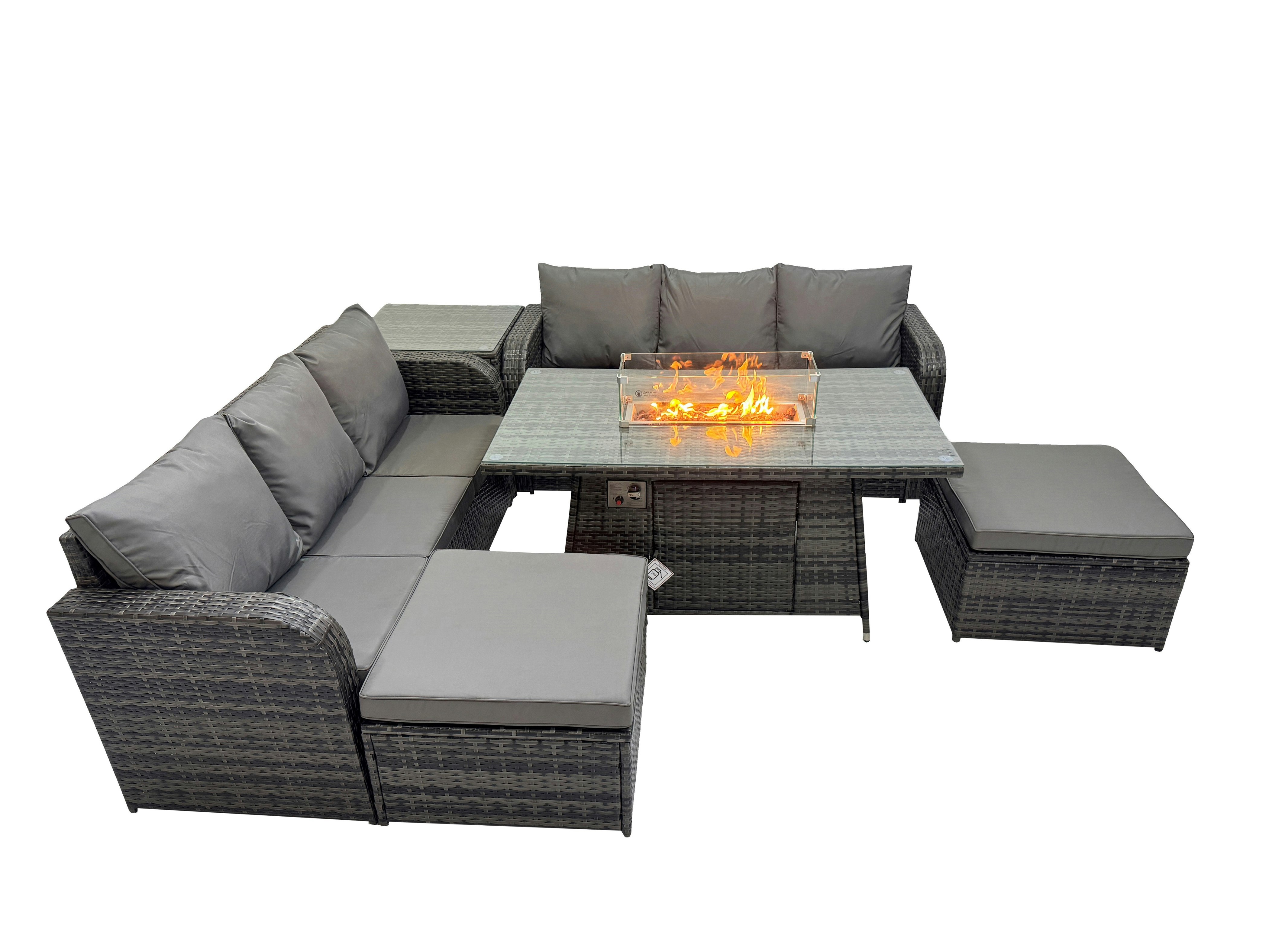Rackhams Dark/Grey Garden Outdoor Rattan Furniture Set Rattan 3 Seater Sofa With 2 Big Stools Side Table Mixed
