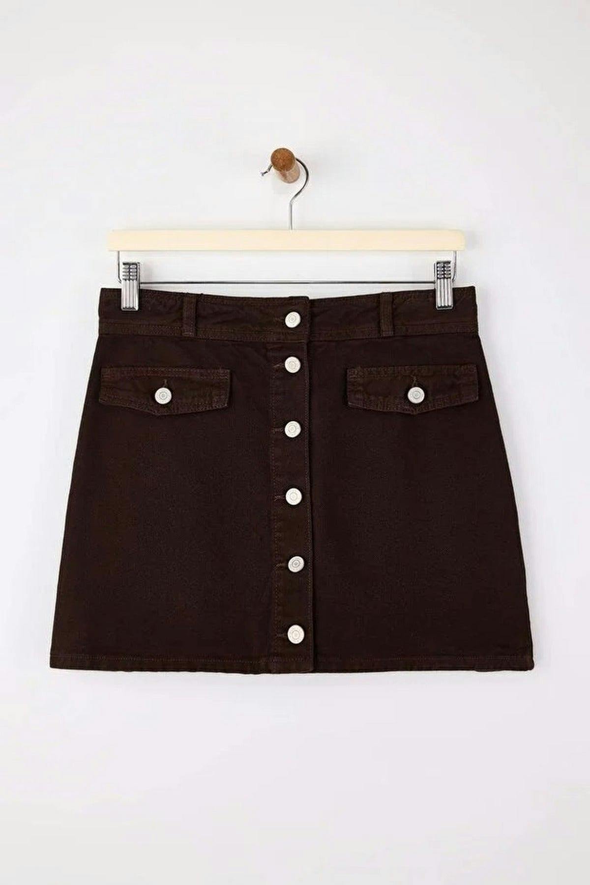 Wovcor Brown Button Detail Mini 100% Cotton Denim Skirt - 6