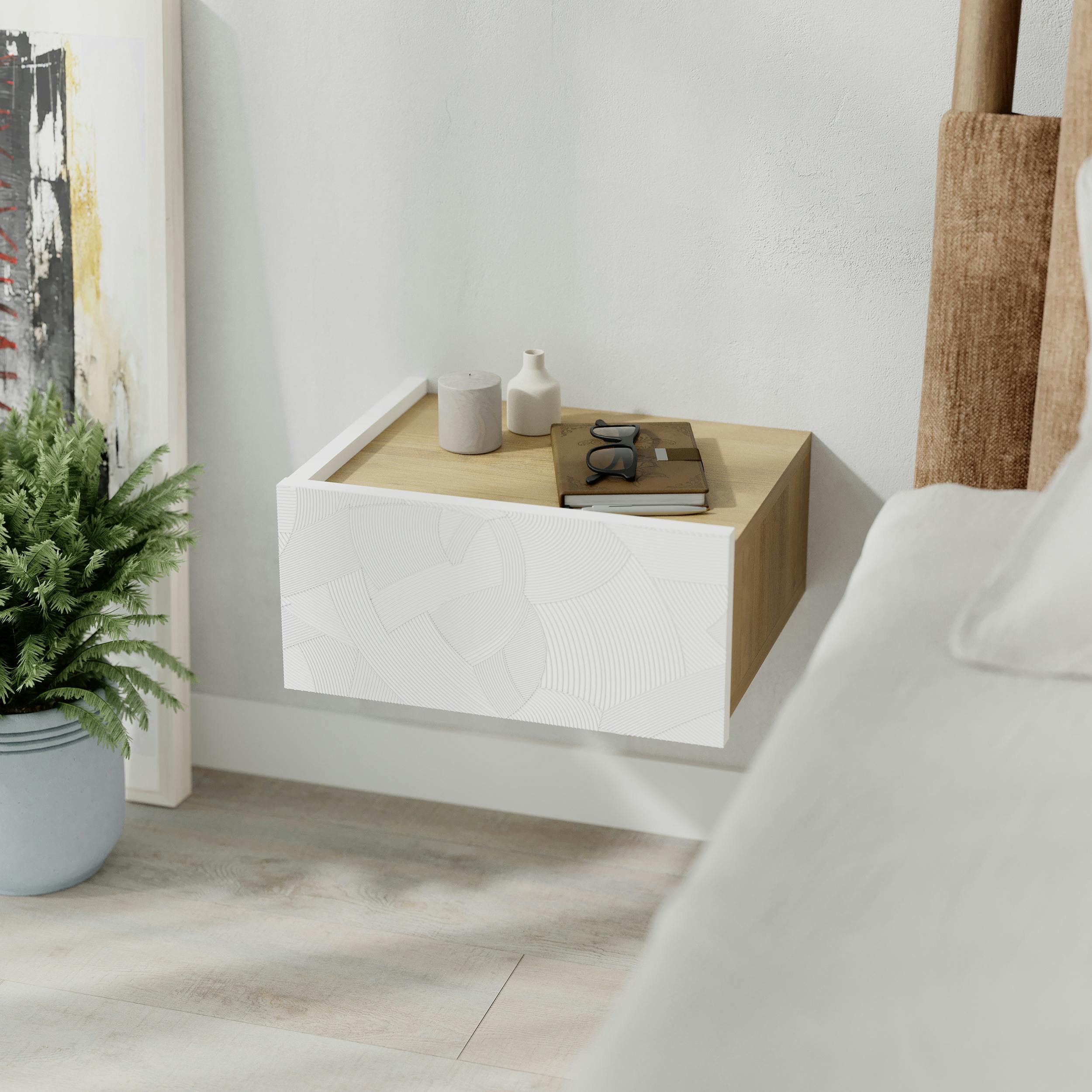 Decortie Light/White Floating Bedside Table W/Drawer, Underneath Led Handleless Modern Nightstand Wall-Mounted Storage - Oak