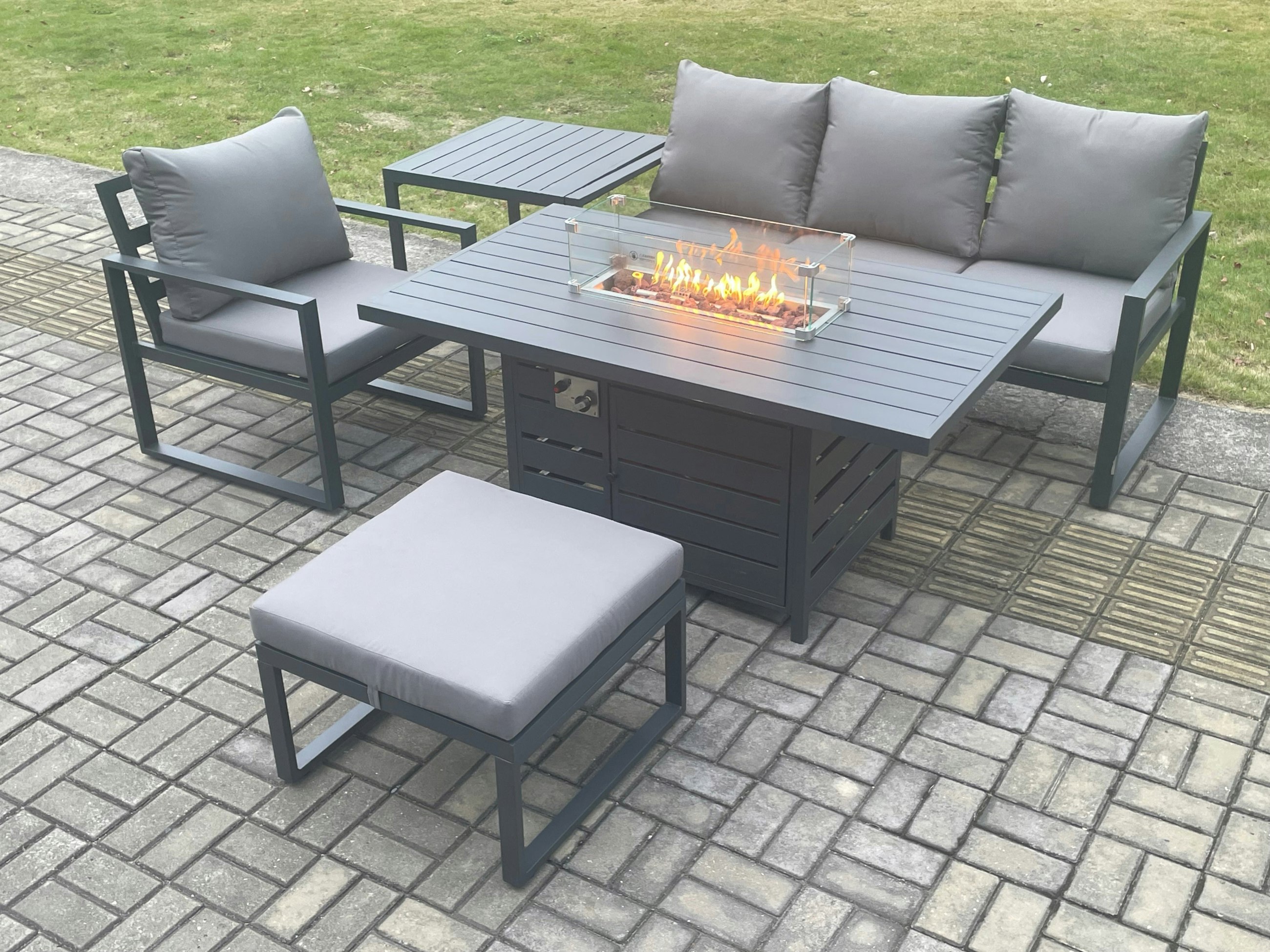 Fimous Dark/Grey Aluminium 5 Pieces Garden Furniture Sofa Set With Cushions Gas Fire Pit Dining Table Set With Side Table Big Footstool