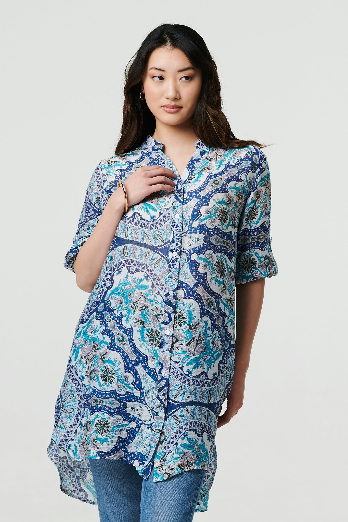 Izabel London Blue Paisley Long Sleeve Tunic Shirt - 16