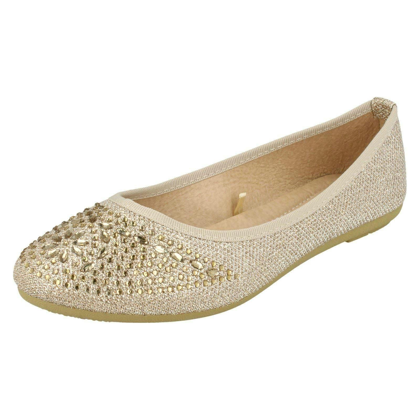 Spot On Women's Gold Jewel Trim Vamp Ballerinas - Nude - Uk 6