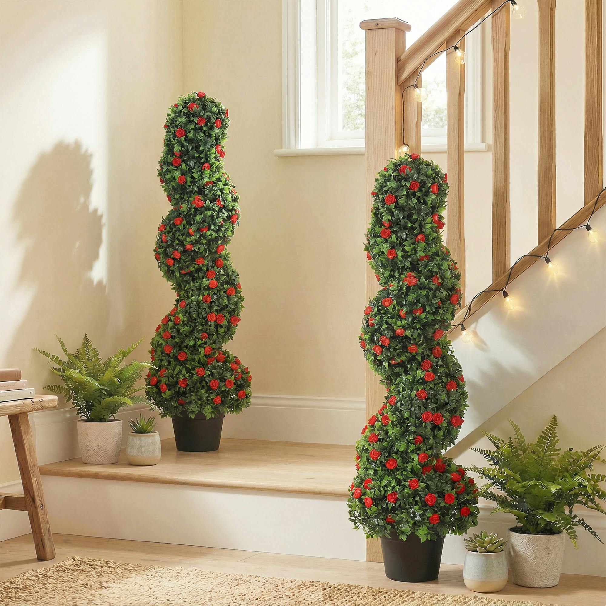 Homcom Red Artificial Rose Spiral Topiary Tree For Indoor Outdoor, Set Of 2 - 25 X 25 X 90 Cm - 2 - Pe, Cement