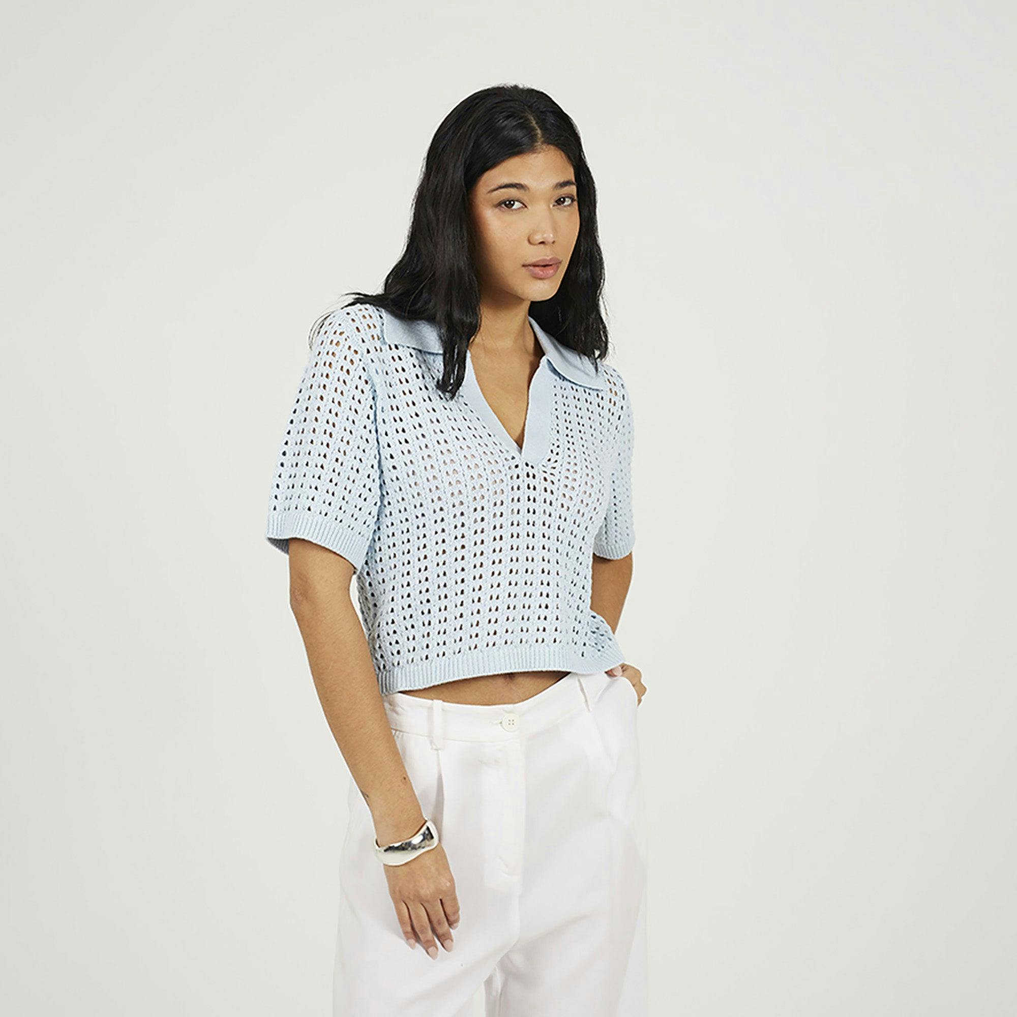 Brave Soul Blue Pointelle Knit Collared T-Shirt - Xs