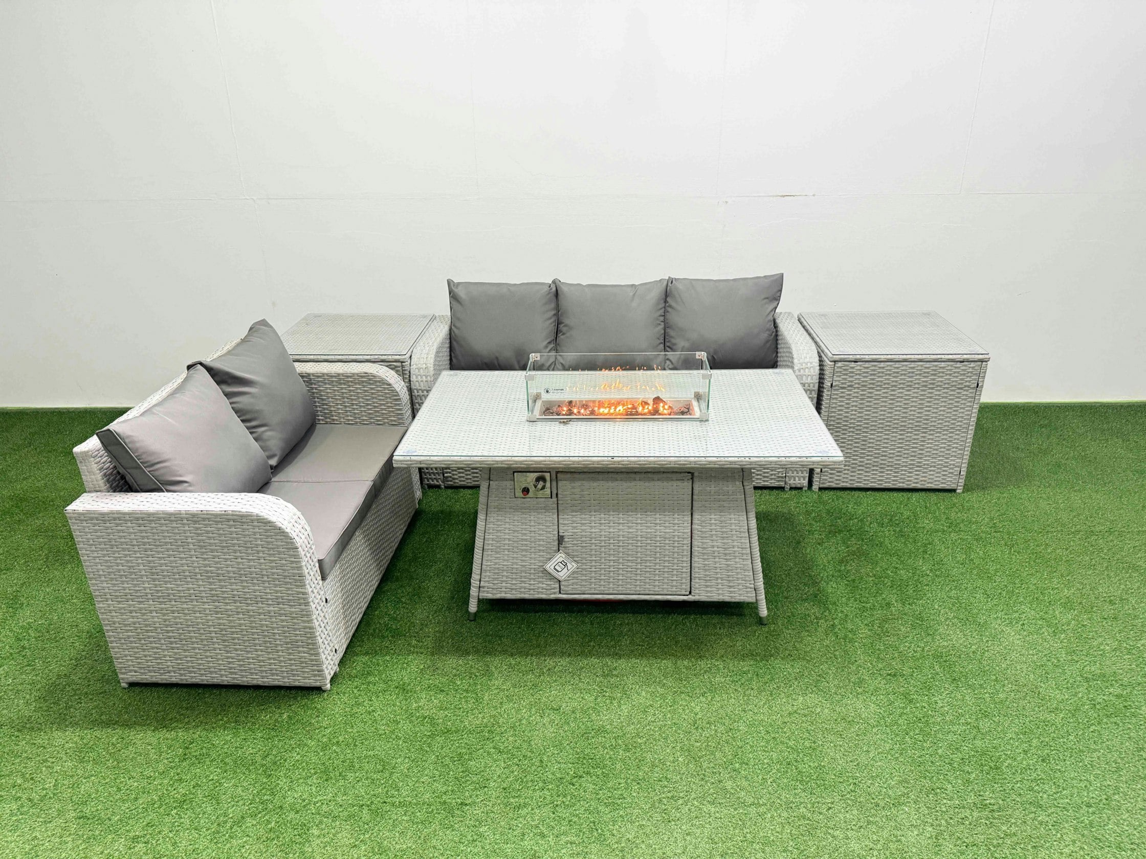 Rackhams Light/Grey/Dark 5 Seater Pe Rattan Wicker Garden Furniture Patio Conservatory Sofa Set With Fire Pit Dining Table 3 Seater Sofa Love Sofa 2 Side Table