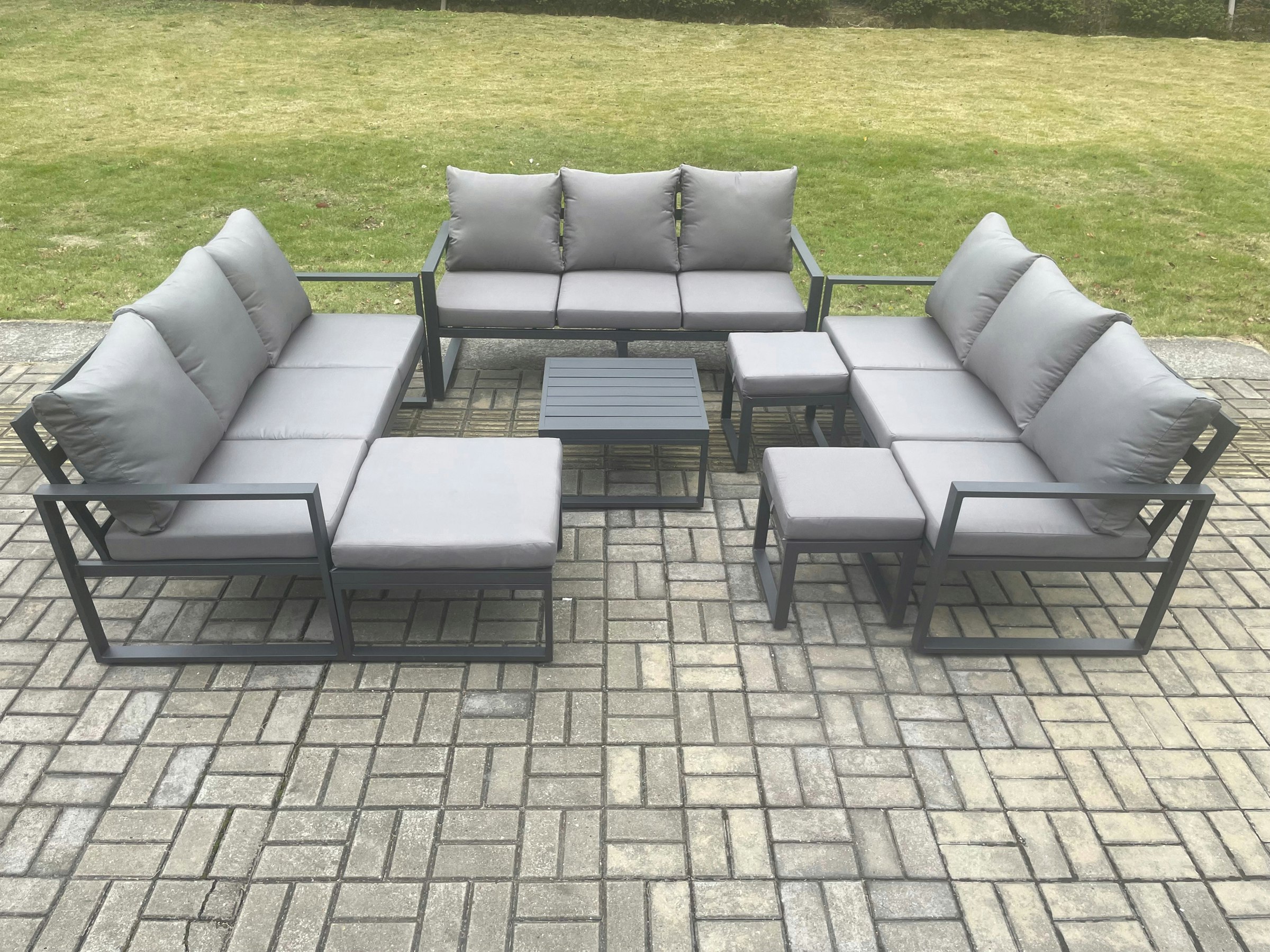 Rackhams Dark/Grey Aluminium Outdoor Garden Furniture Set Patio Lounge Sofa With Square Coffee Table 3 Footstools Conservatory Set