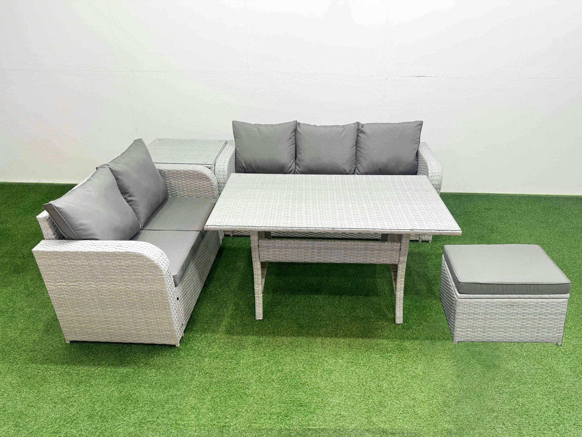 Rackhams Light/Grey/Dark 6-Seater Pe Rattan Outdoor Sofa Set | Rectangular Dining Table, 3-Seater Sofa, Loveseat, Large Footstool, Side Table