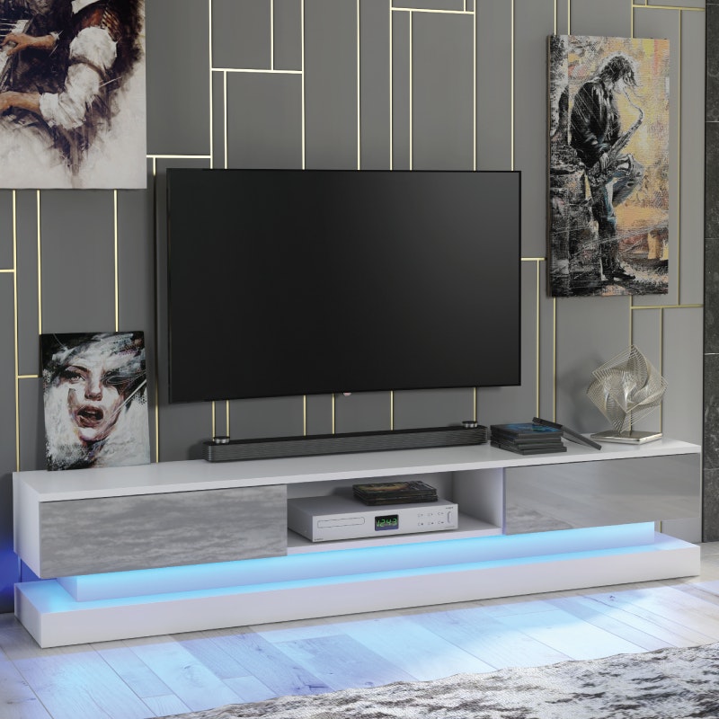 Mex Furniture Grey/White 180Cm Modern Tv Unit With High Gloss Doors & Free Led Lighting - 180 Cm - Matt Body & Gloss Doors - Tv Unit