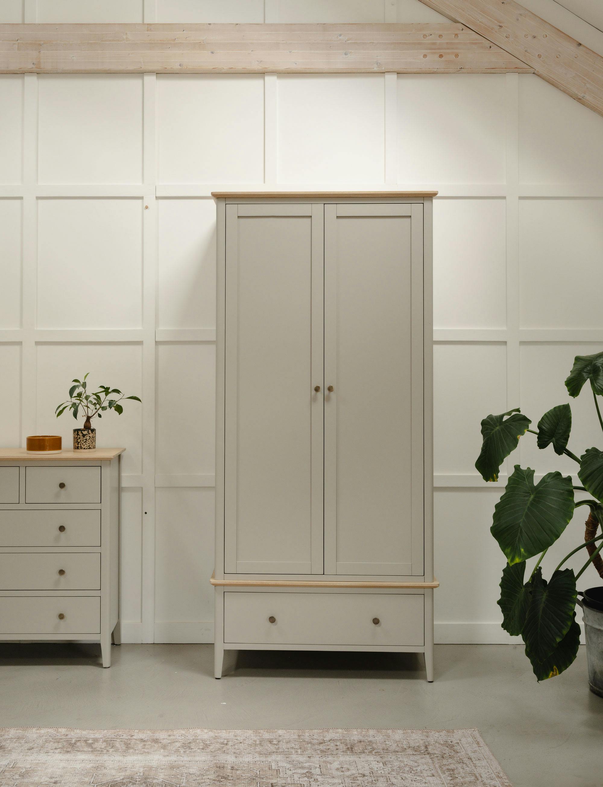 Rackhams Grey Pembroke Double Wardrobe With Oak Top Modern 2 Door Wooden Storage - Harbour Stone ( Tone)