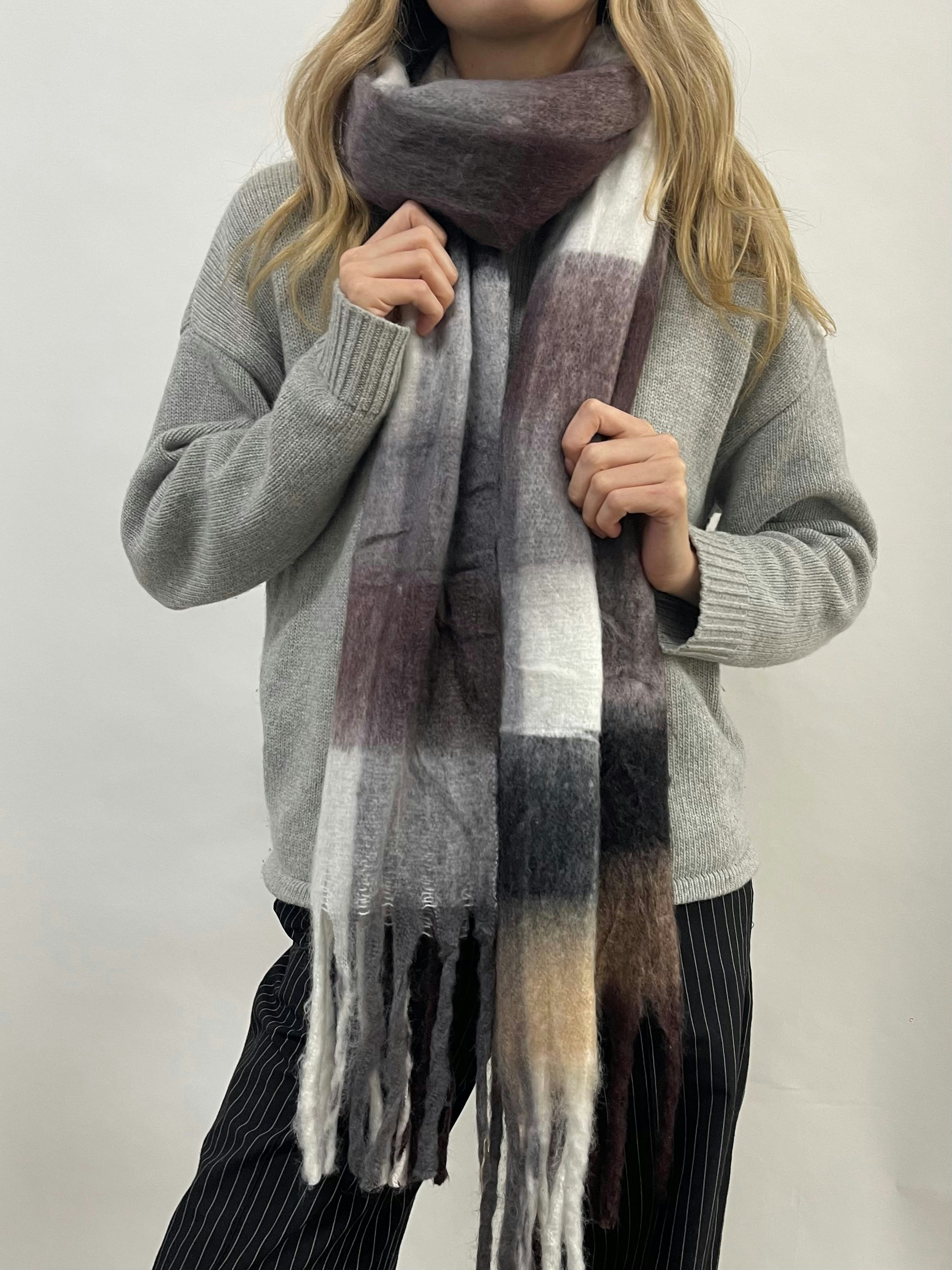 Svnx Brown Soft Chunky Checked Scarf With Tassels - Muted S - Multi - One Size