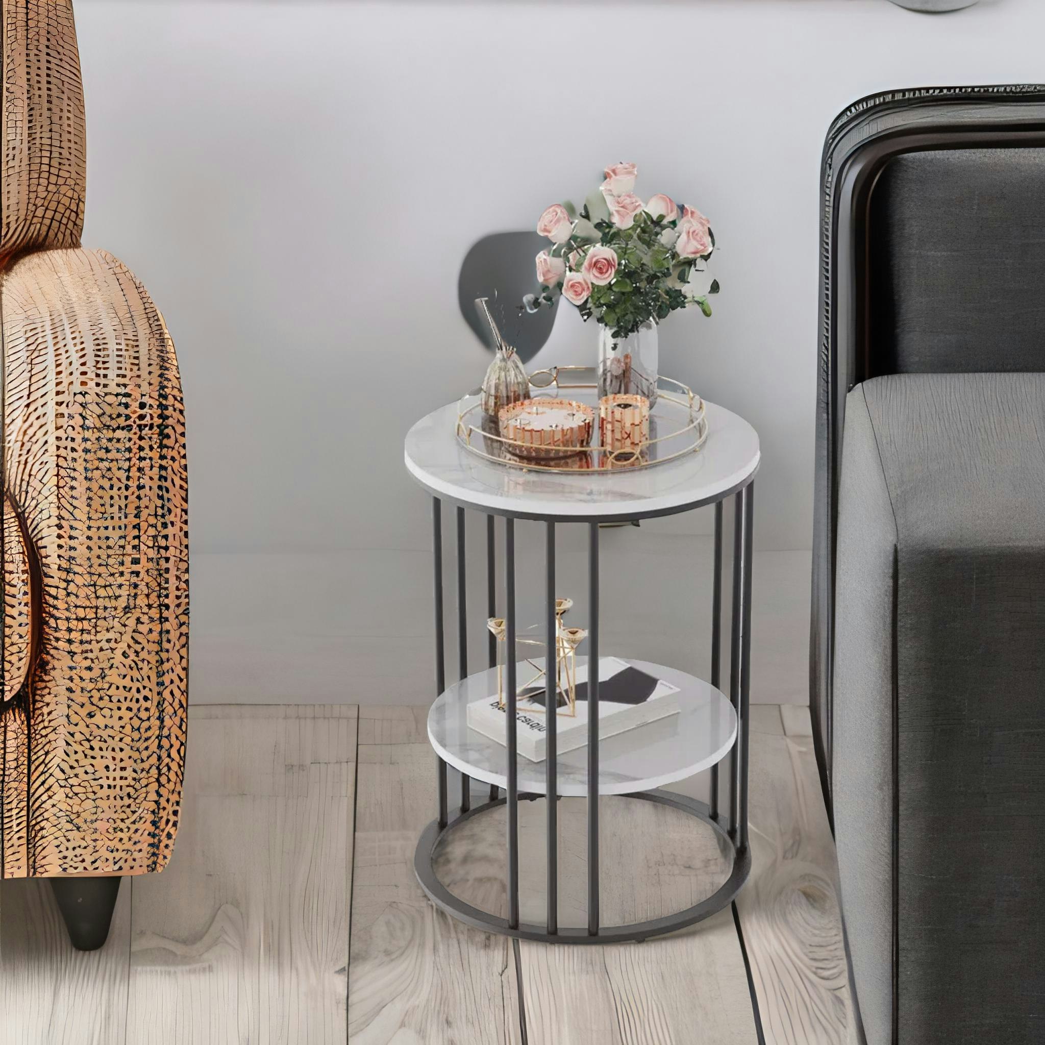 Rackhams Black 2 Tier Round Faux Marble Heavy Duty Side Table