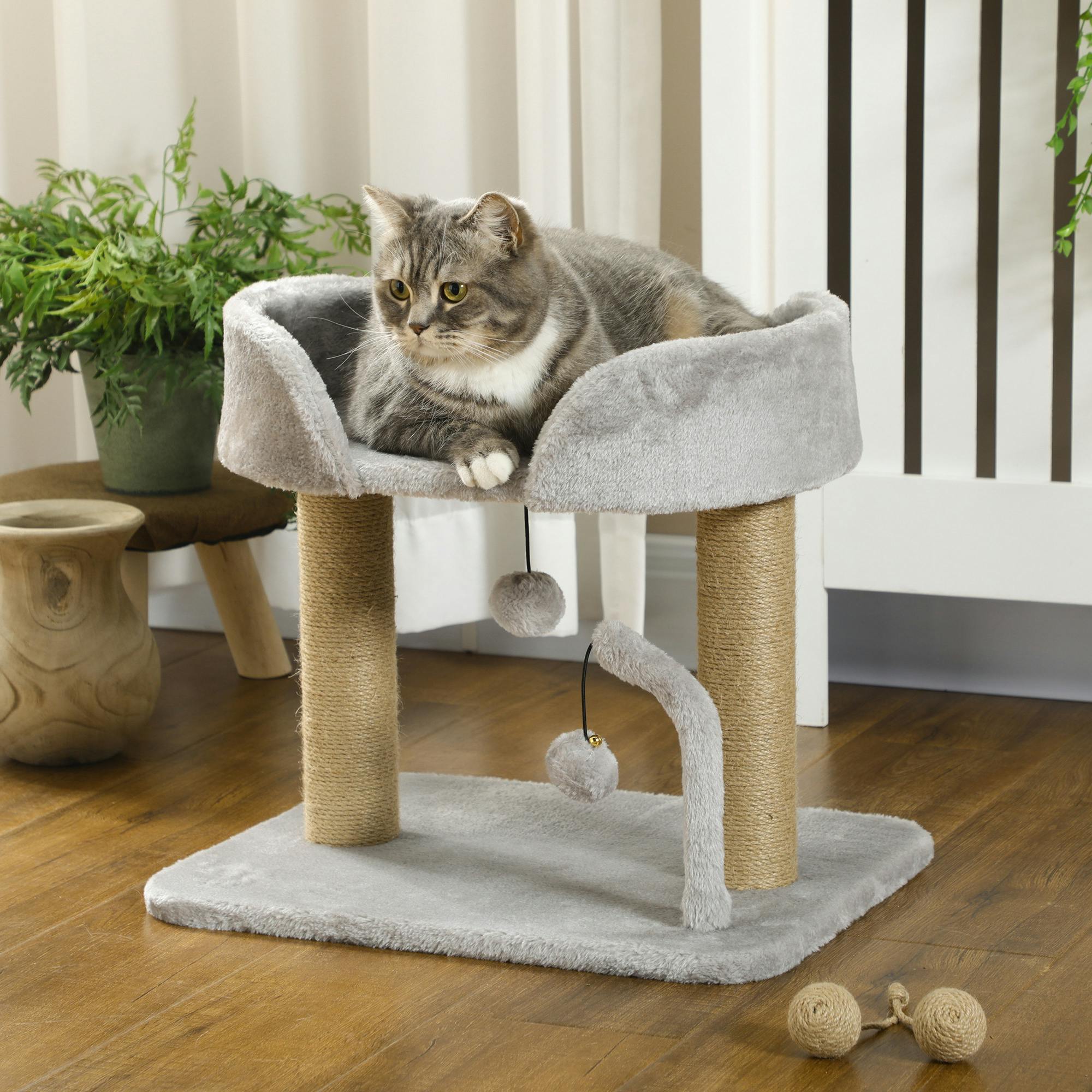 Pawhut Light/Grey Cat Tree Tower Scratcher With Bed For Indoor Cats,