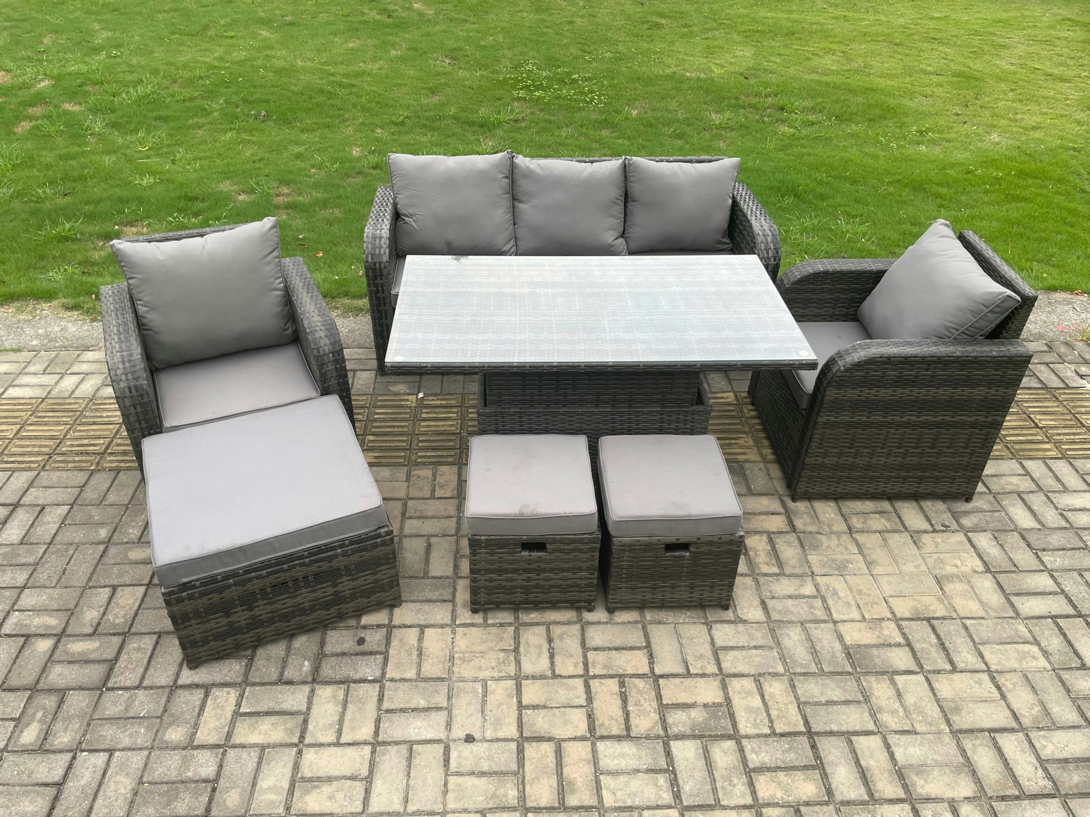 Rackhams Outdoor Rattan Furniture Garden Dining Sets Height Adjustable Rising Lifting Table And Chair Set With Lounge Sofa 3 Footstools