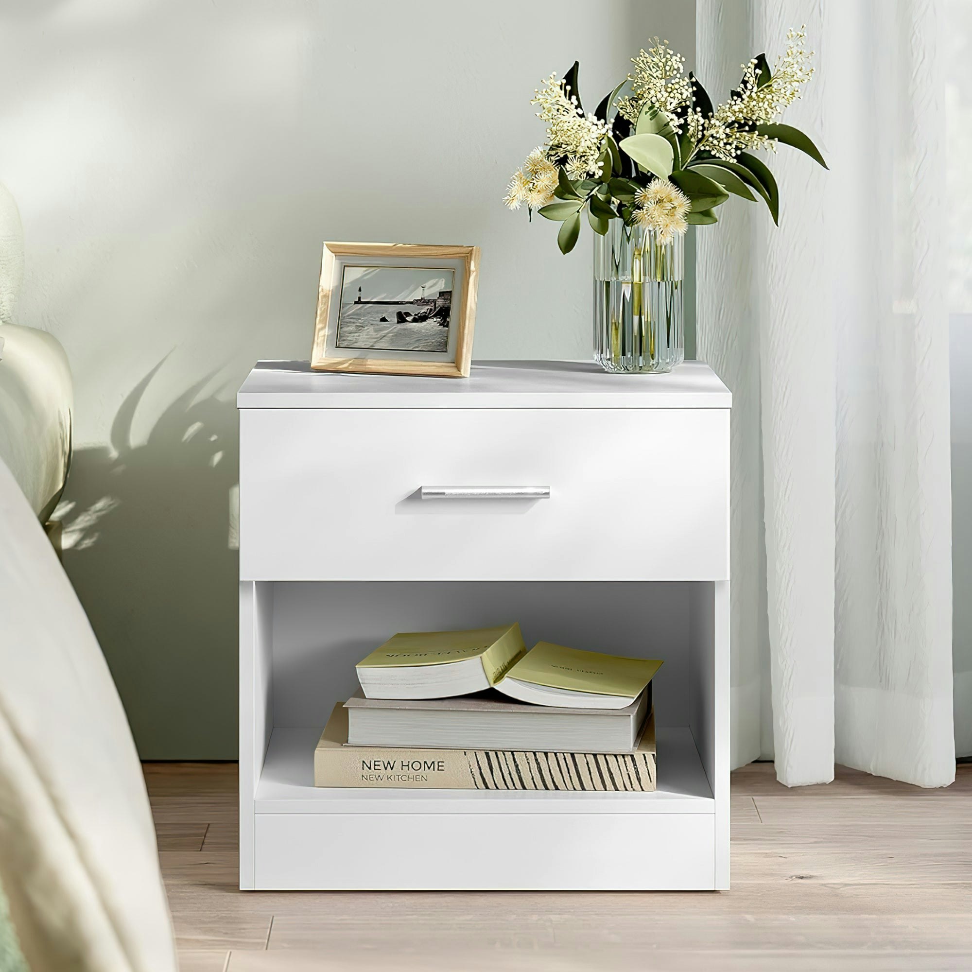 Comfy Living White High Gloss Bedroom Furniture 3 Piece Trio Set Wardrobe Chest Bedside - Bedside Table