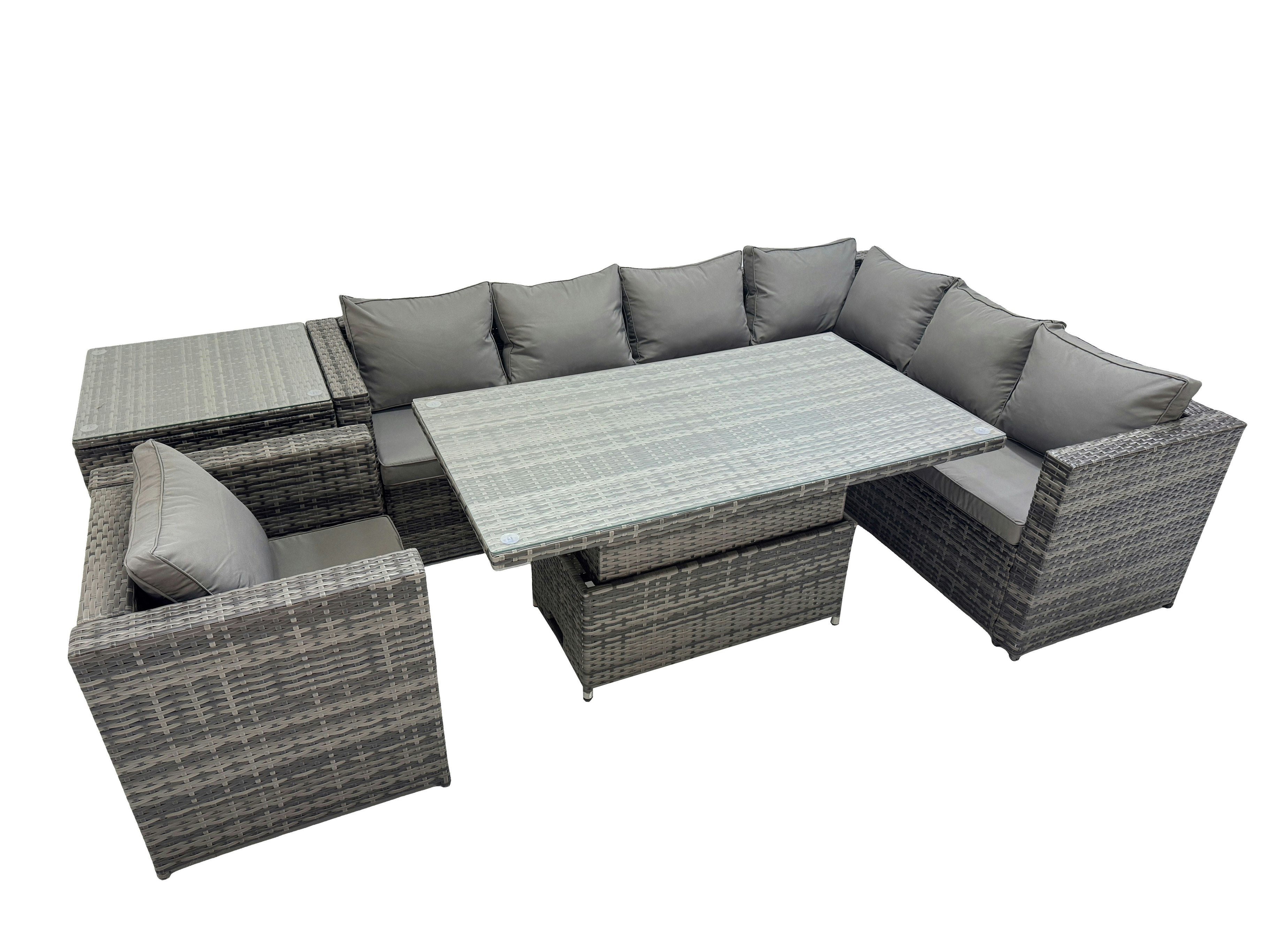 Fimous Dark/Grey 7 Seater Rattan Height Adjustable Rising Lifting Table Corner Sofa Sets With Chair Side Table Mixed