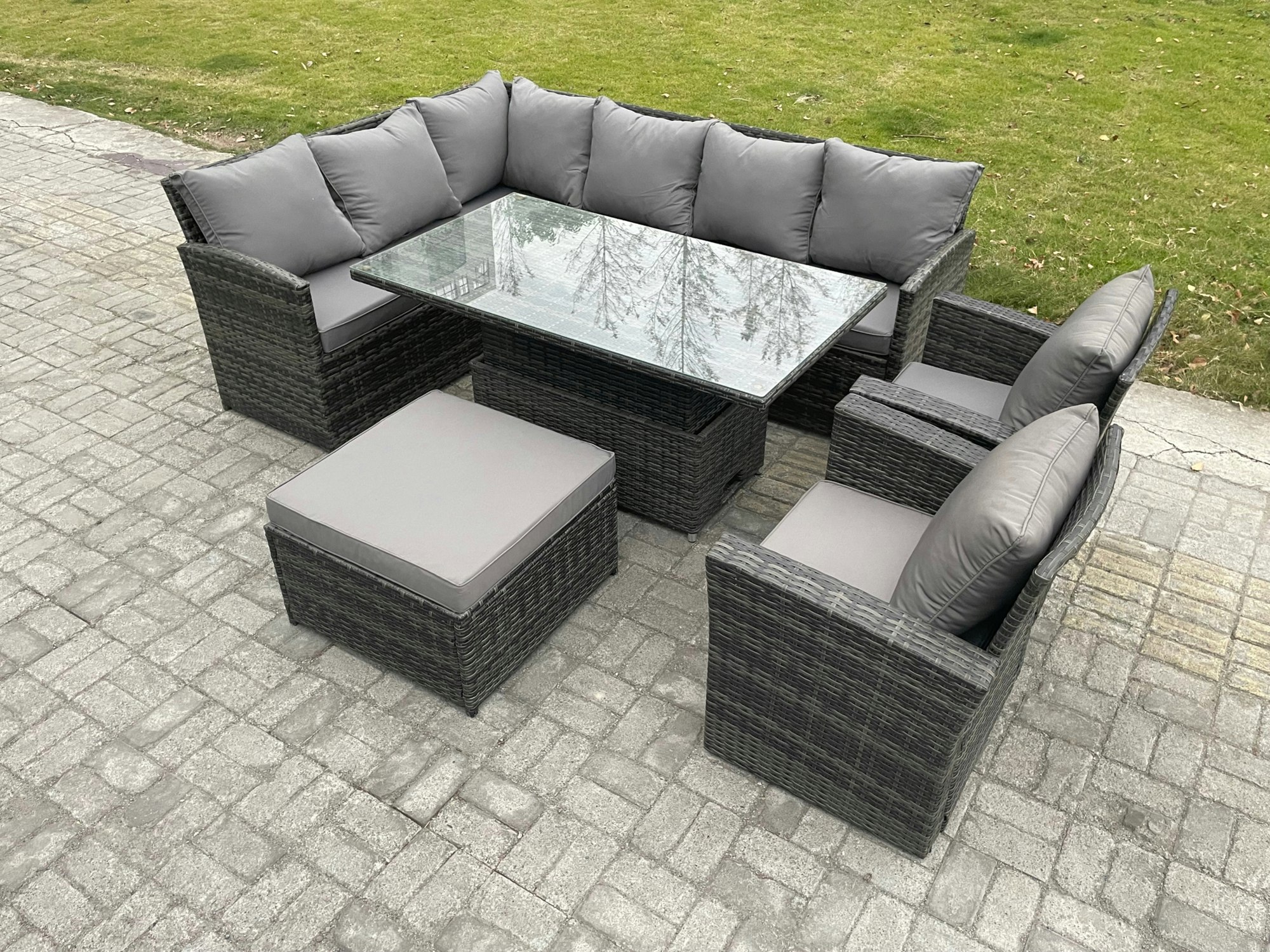 Fimous Dark/Grey Mixed Pe Rattan Outdoor Dining Set - Height Adjustable Lifting Table, Big Footstool & 2 Armchairs