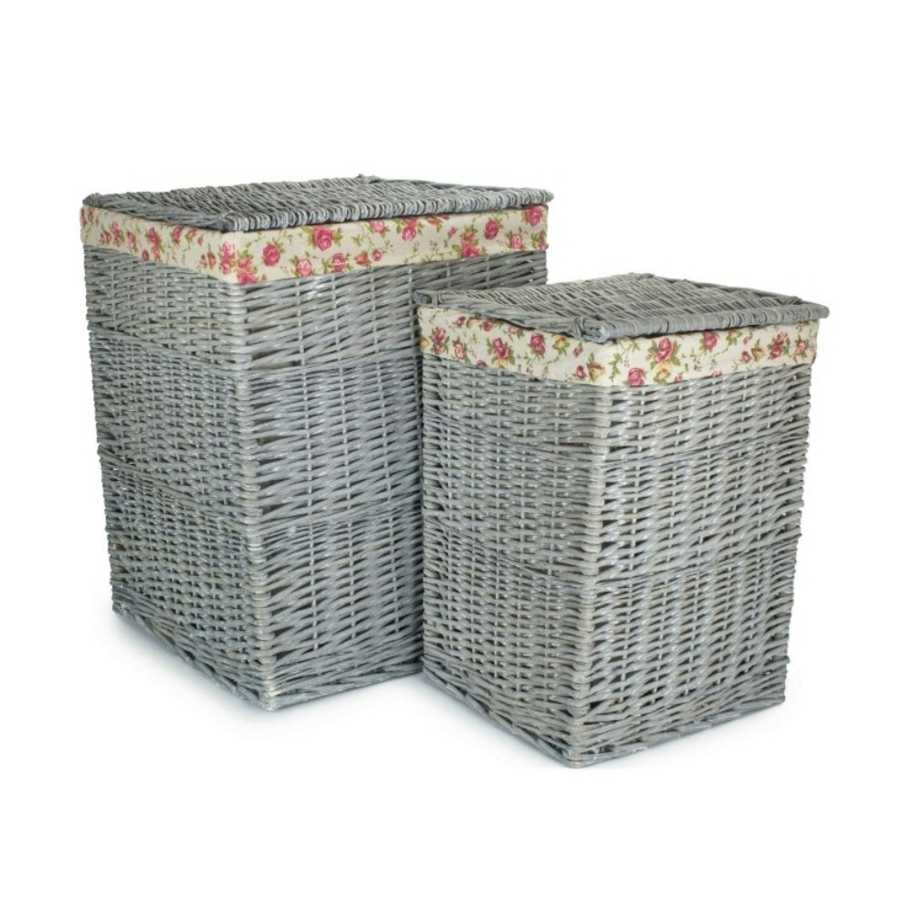 Rackhams Grey Set Of 2 Wash Square Laundry Basket With Garden Rose Lining