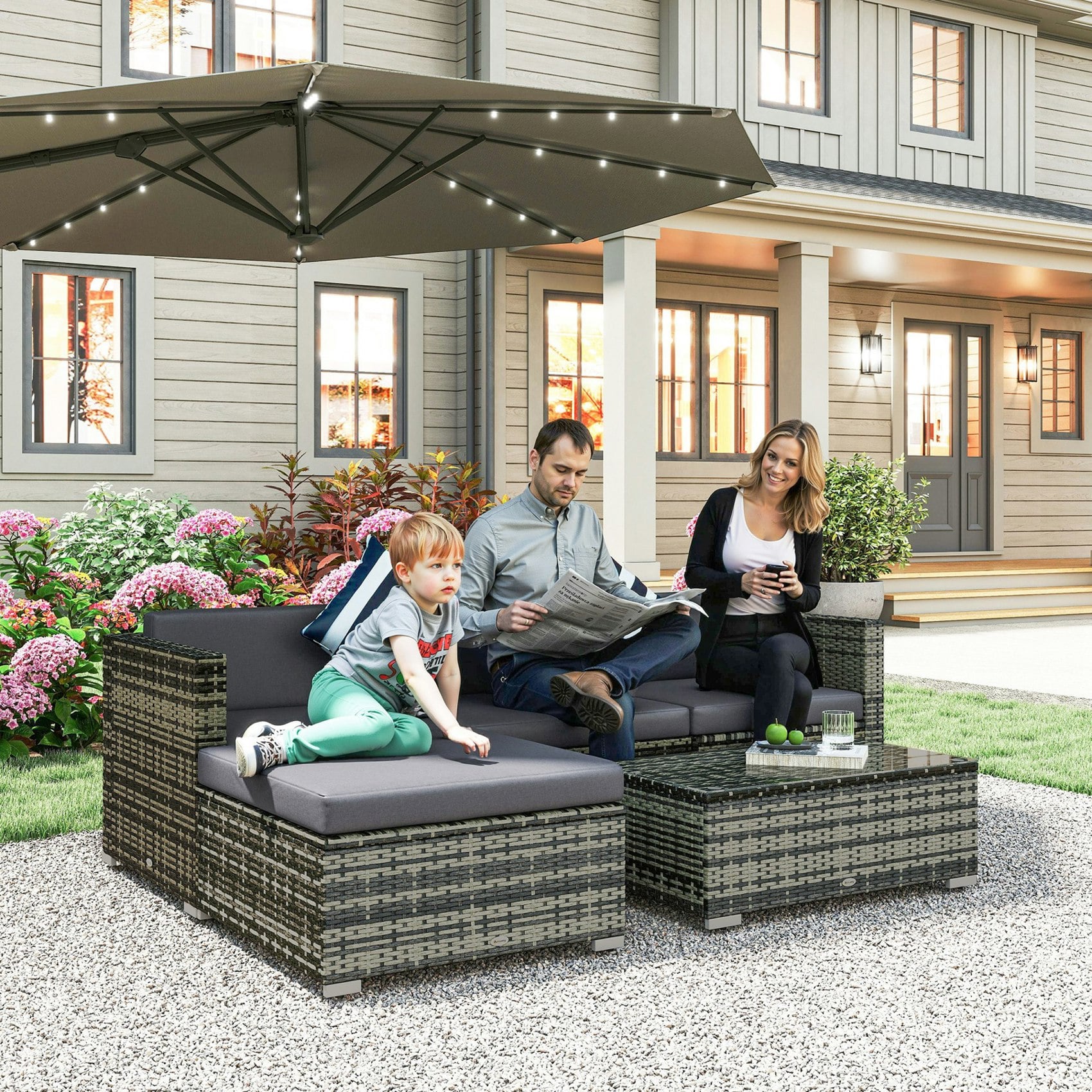 Outsunny Black/Grey 5 Pieces Rattan Sofa Set Wicker Sectional Cushion Patio - Mixed