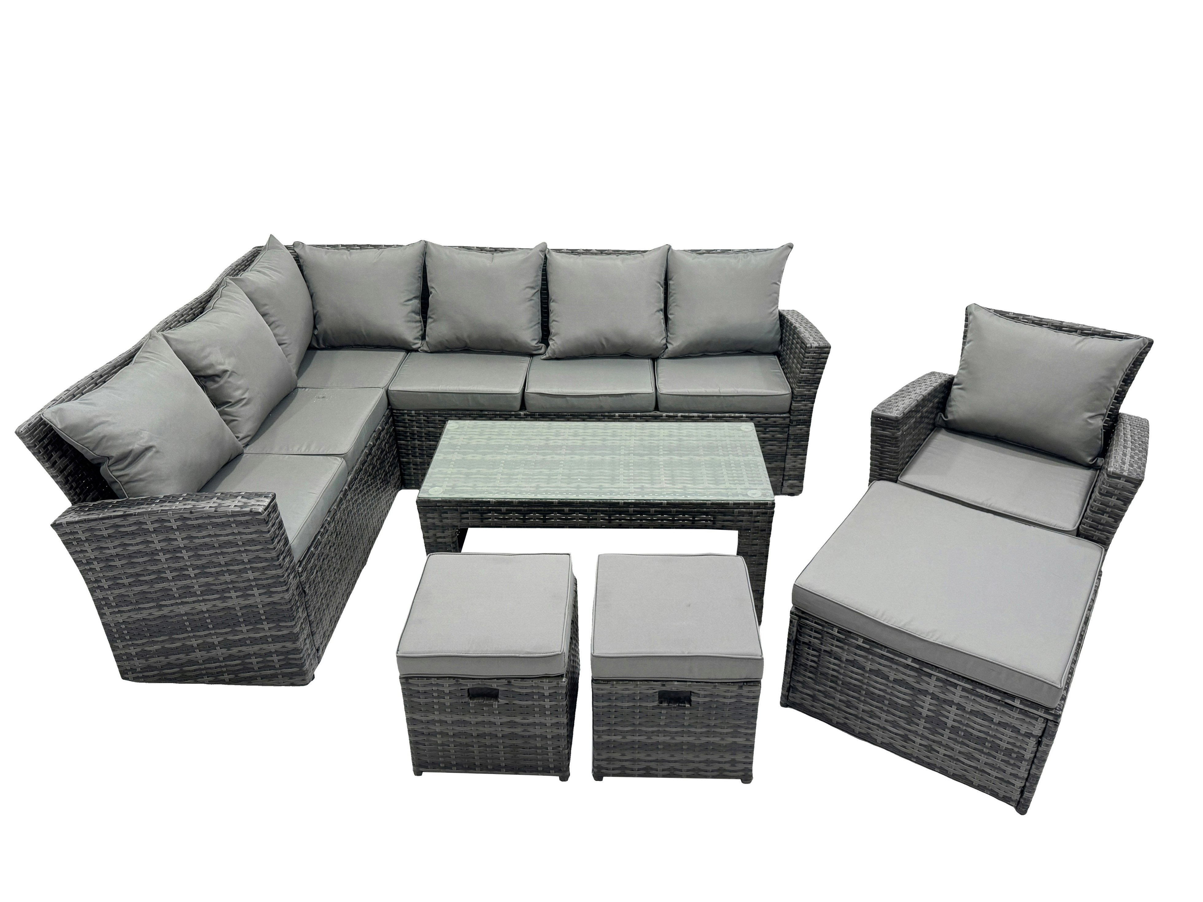 Fimous Dark/Grey 10 Seat Poly Rattan Outdoor Patio Oblong Coffee Table Corner Sofa Sets With 3 Stool Chair For Garden Backyard Mixed