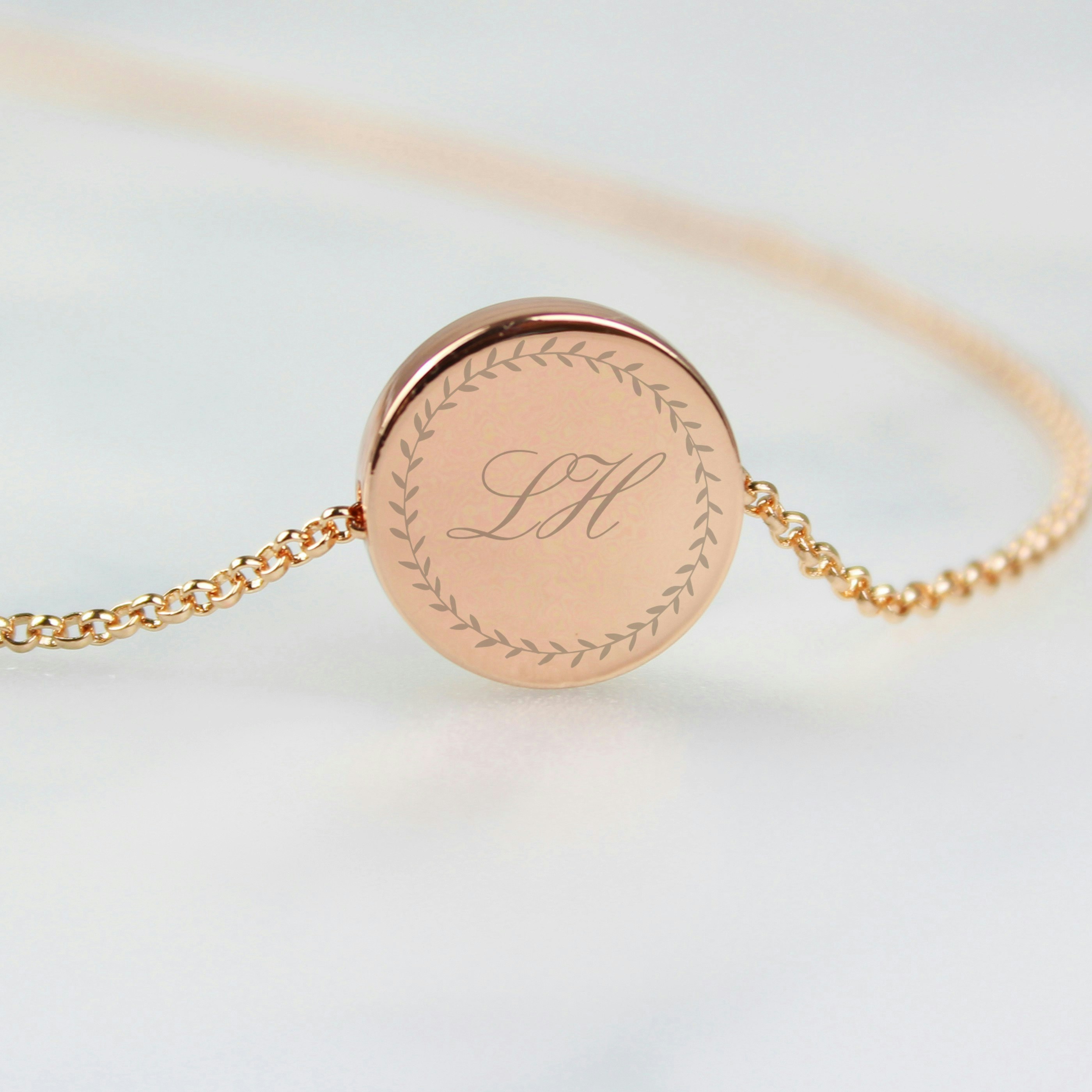 Personalised Memento Company Gold Personalised Wreath Initials Rose Tone Disc Necklace