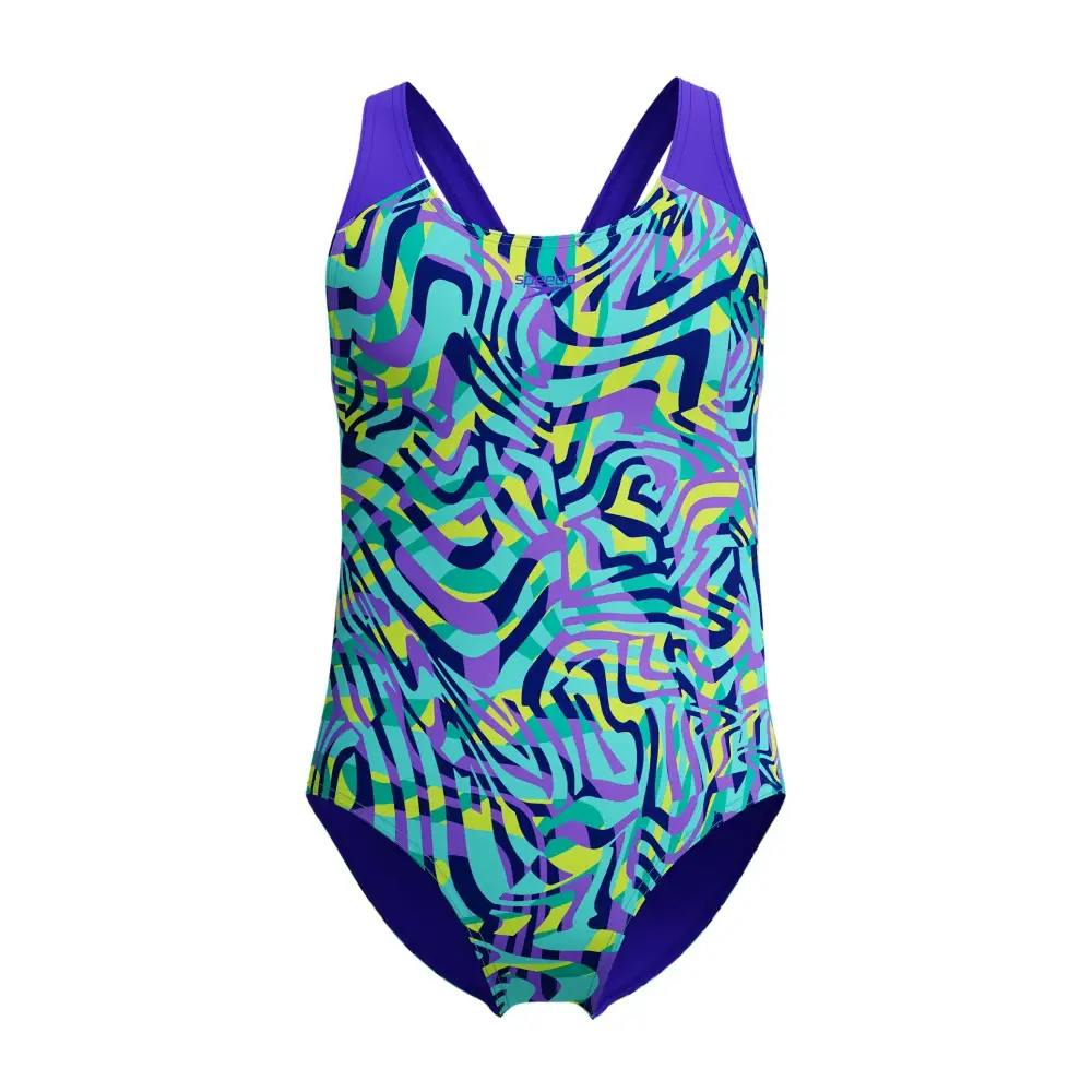 Speedo Girls Green/Purple Digital Allover Splashback Swimsuit - Age 5-6