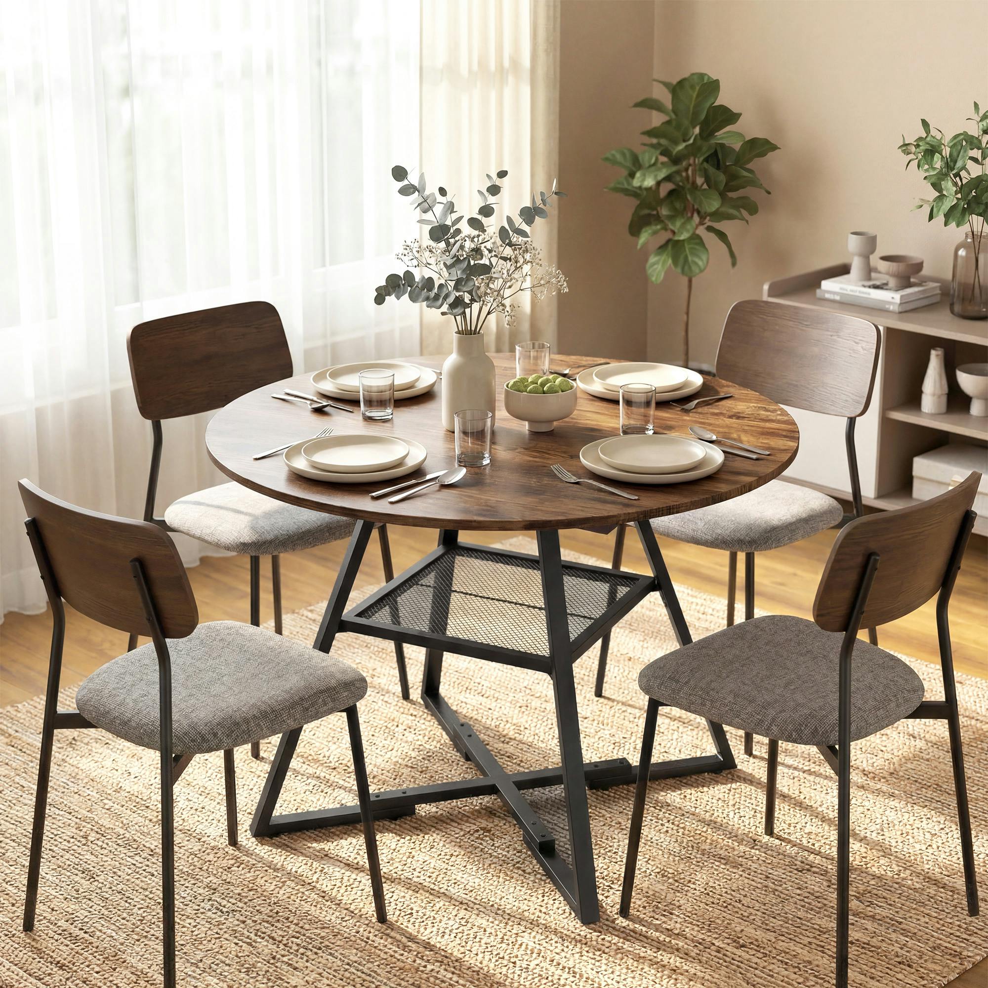 Rackhams Brown/Black Round Dining Table For 4, 100 Cm Kitchen Table W/ Shelf, Rustic - Z-Shaped - Painted Metal - Painted Metal