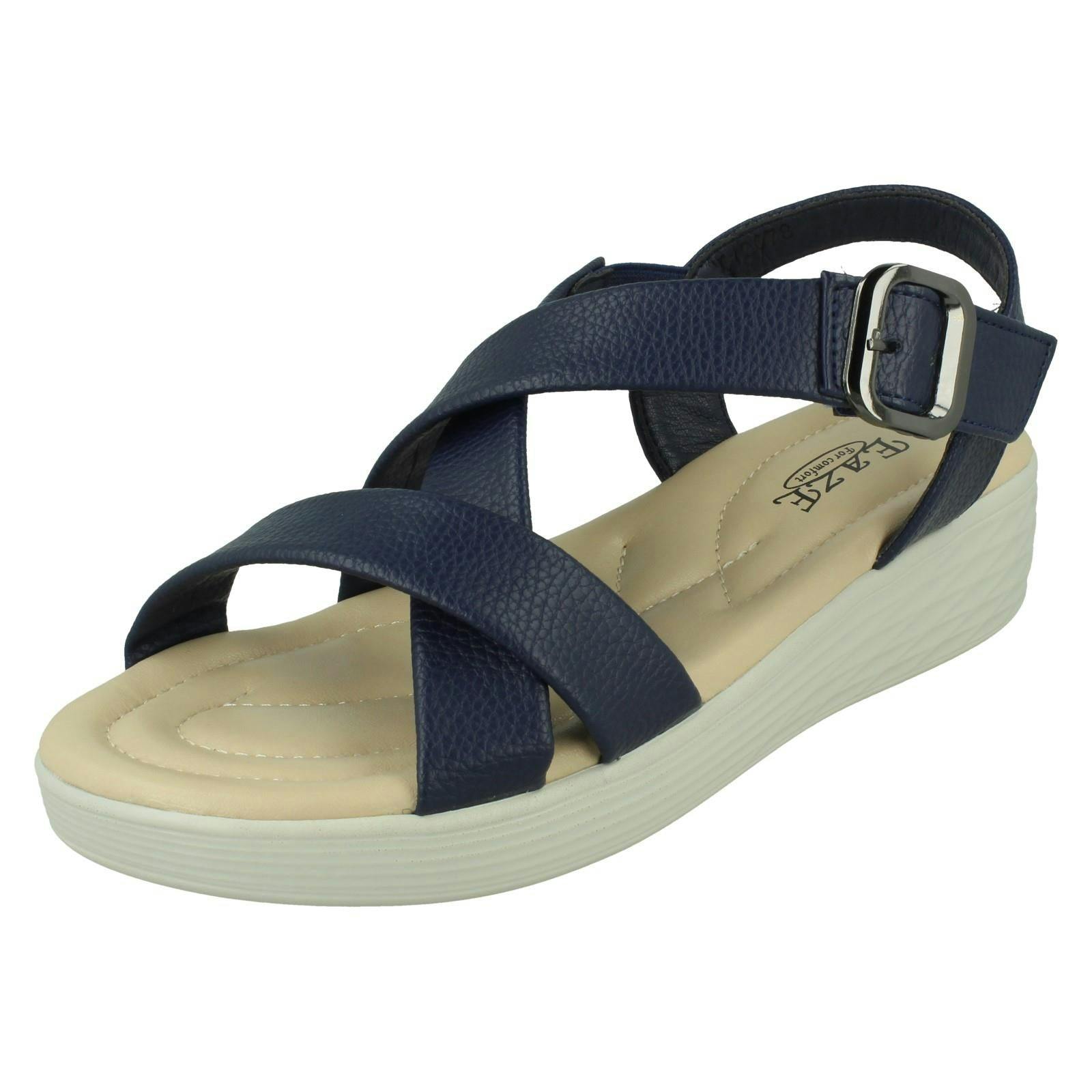 Eaze Women's Low Wedge Cross Strap Sandal With Buckle F12078 - Navy - Uk 8